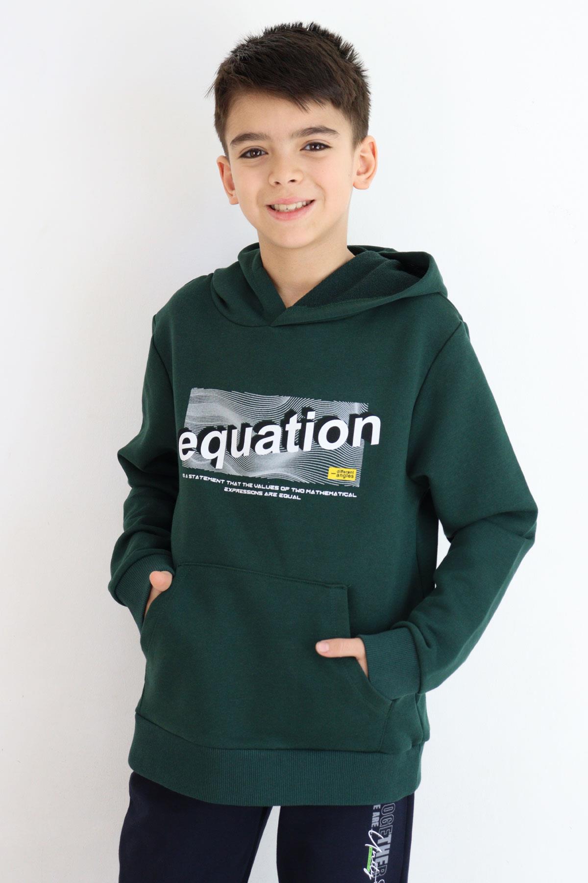 Breeze Erkek Çocuk Sweatshirt Yazı Baskılı Kanguru Cepli Kapüşonlu Koyu Yeşil (8-14 Yaş)