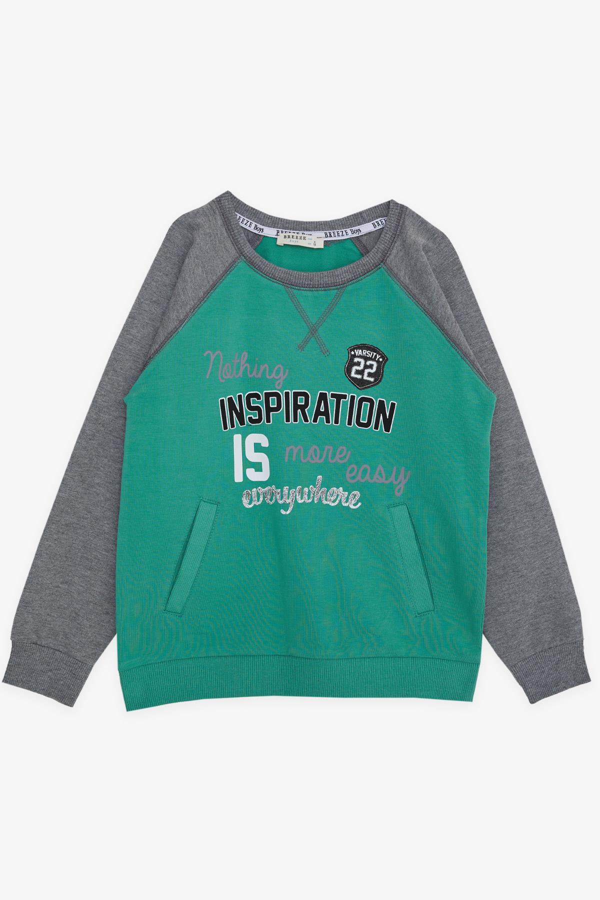 Breeze Erkek Çocuk Sweatshirt Yazı Baskılı Cepli Mint Yeşili (5-10 Yaş)