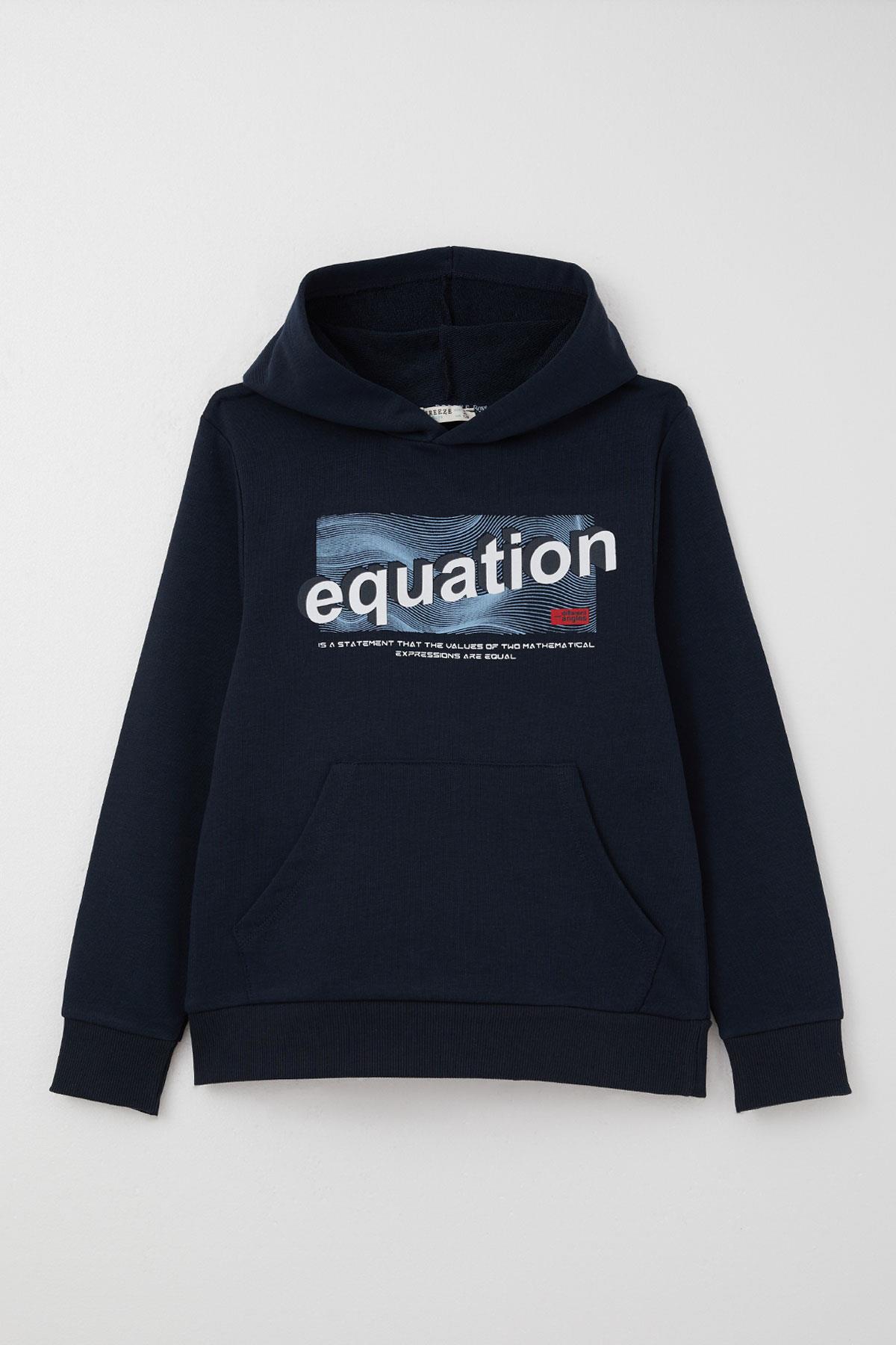 Breeze Erkek Çocuk Sweatshirt Yazı Baskılı Kanguru Cepli Kapüşonlu Lacivert (8-14 Yaş)