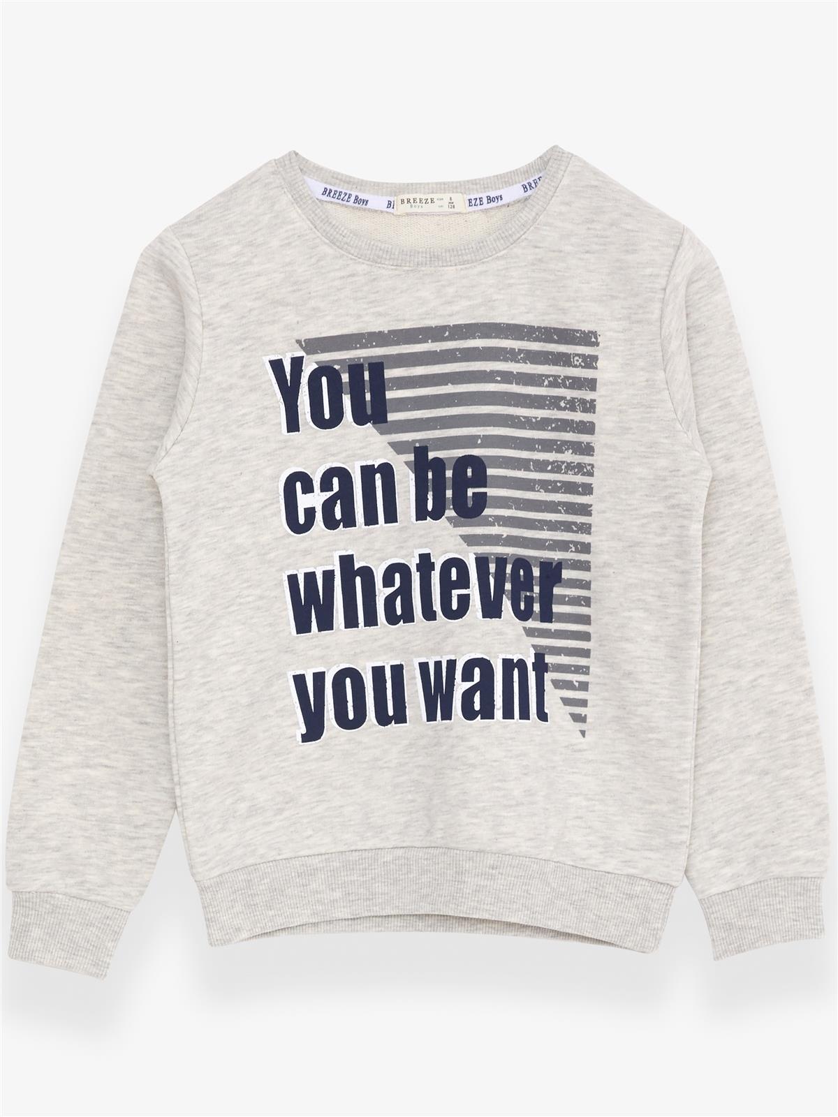 Breeze Erkek Çocuk Sweatshirt Yazı Baskılı Açık Gri Melanj (8-14 Yaş)