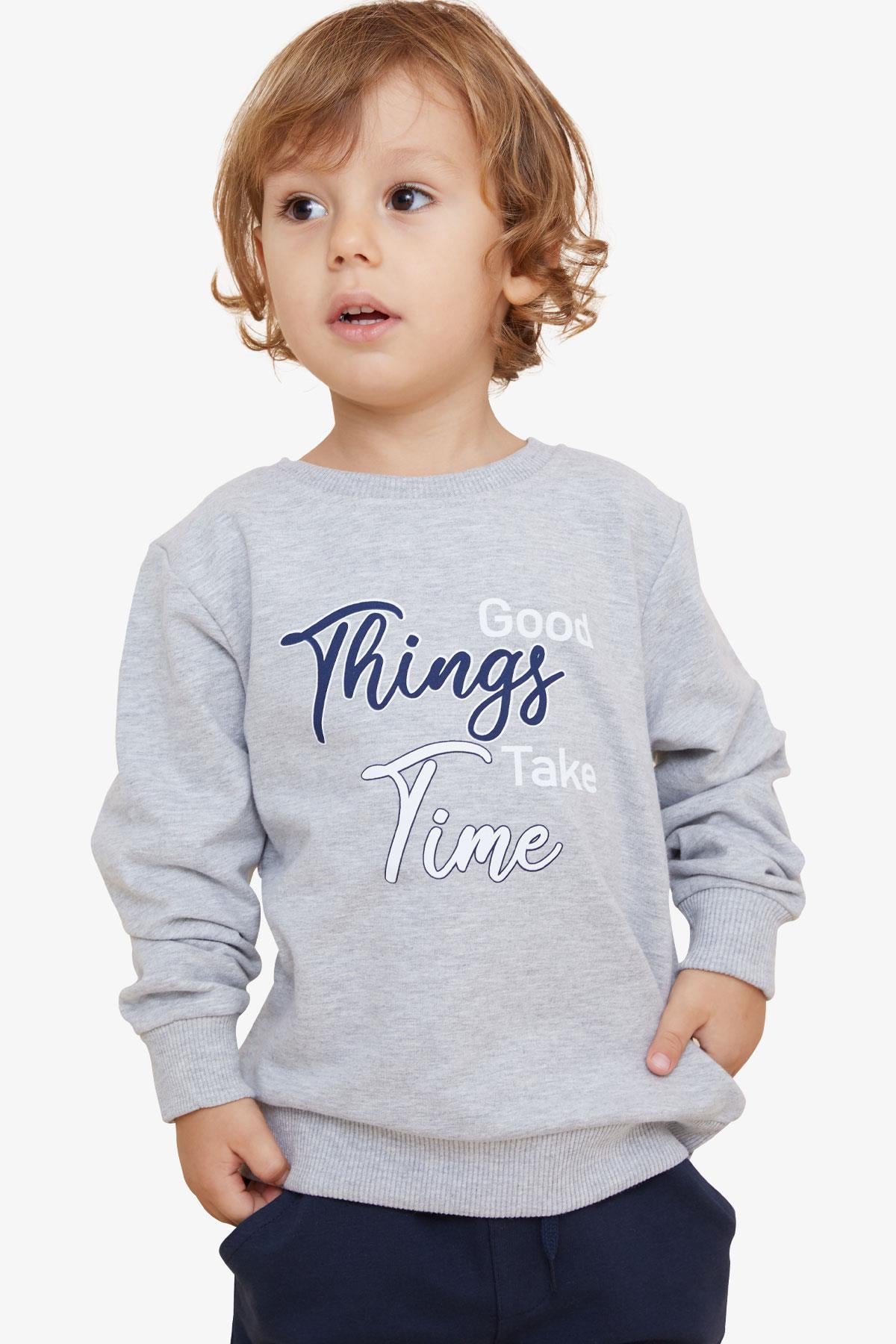 Breeze Erkek Çocuk Sweatshirt Yazı Baskılı Açık Gri Melanj (2-6 Yaş)