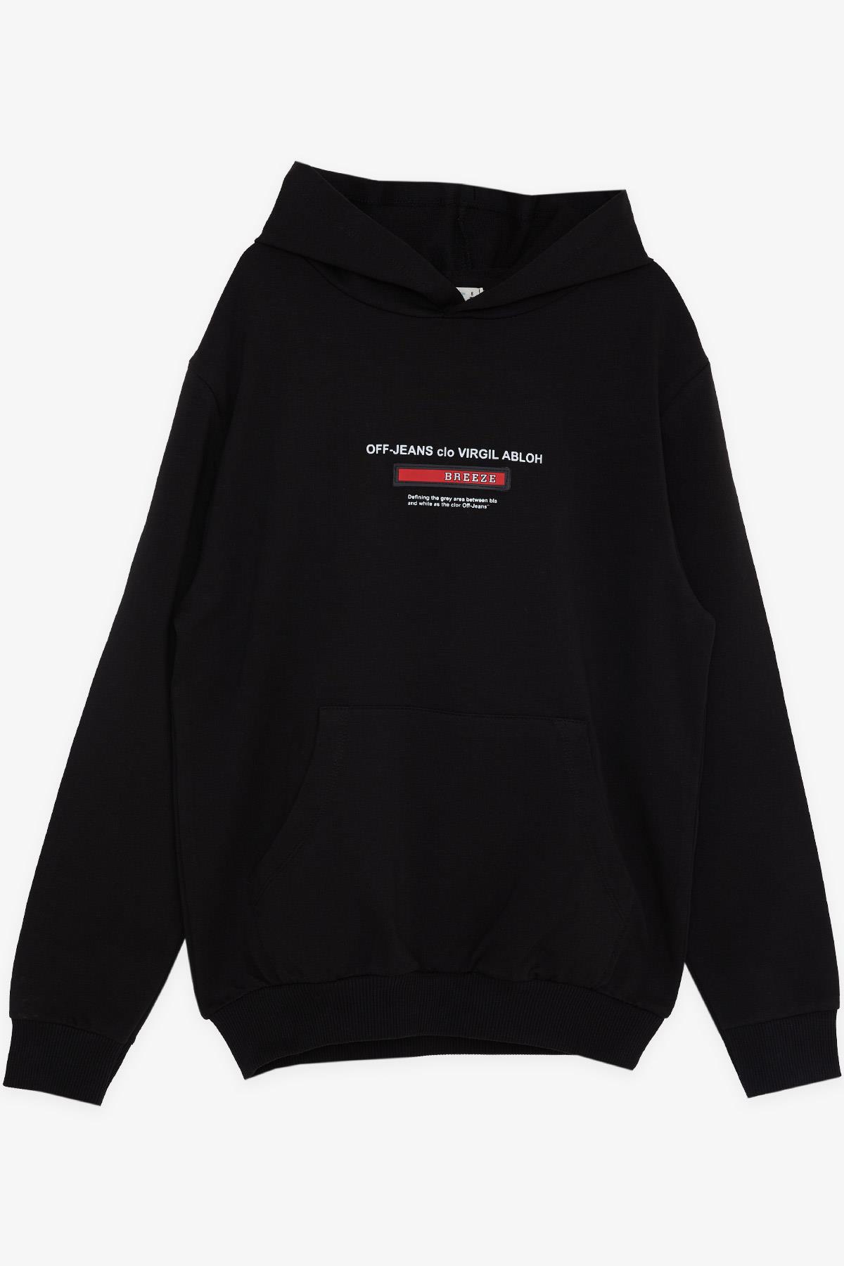 Breeze Erkek Çocuk Sweatshirt Yazı Baskılı Armalı Kanguru Cepli Siyah (8-14 Yaş)