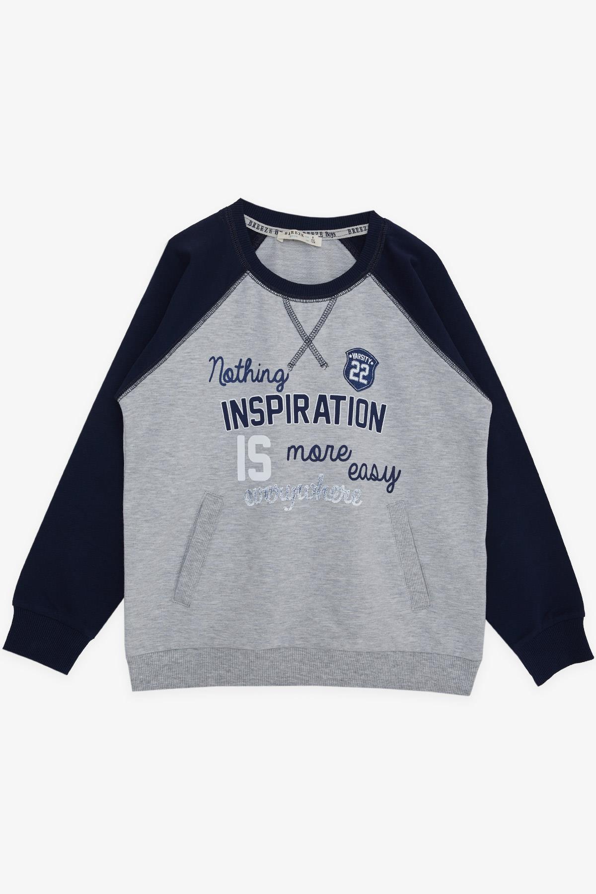 Breeze Erkek Çocuk Sweatshirt Yazı Baskılı Cepli Açık Gri Melanj (5-10 Yaş)