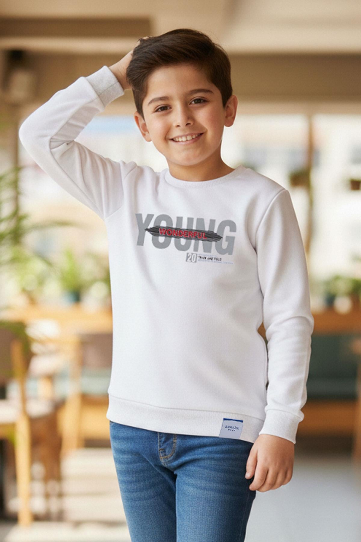 Breeze Erkek Çocuk Sweatshirt Yazı Baskılı Beyaz (8-14 Yaş)