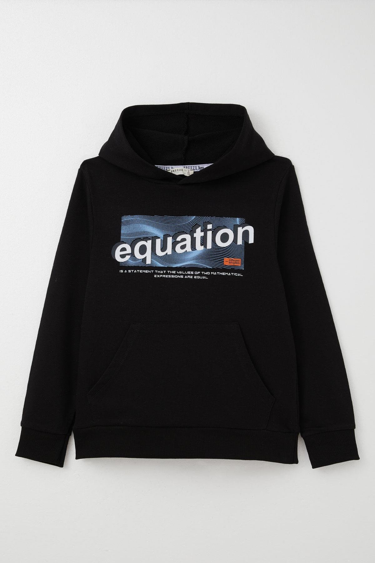 Breeze Erkek Çocuk Sweatshirt Yazı Baskılı Kanguru Cepli Kapüşonlu Siyah (8-14 Yaş)