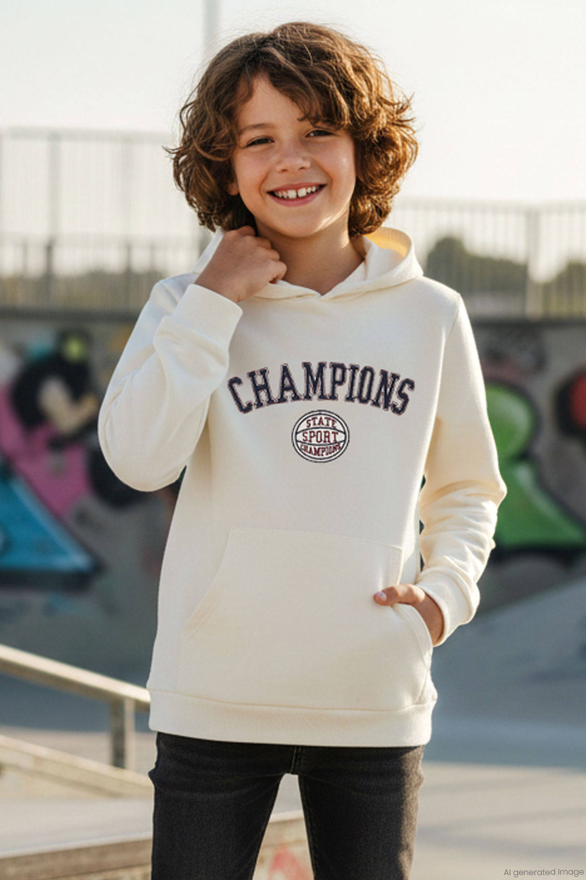 Breeze Erkek Çocuk Sweatshirt Yazı Baskılı Kapüşonlu Ekru (5-8 Yaş)