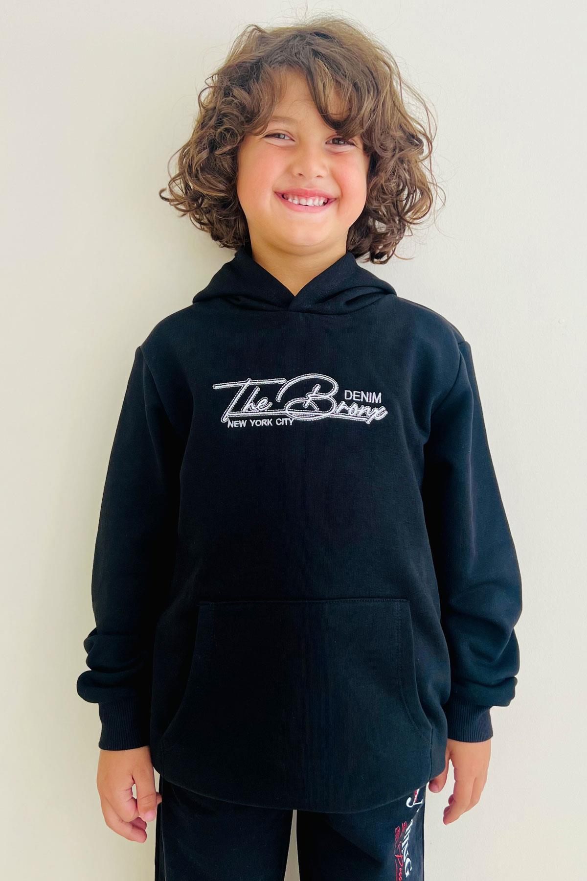Breeze Erkek Çocuk Sweatshirt Yazı Nakışlı Kanguru Cepli Siyah (5 Yaş)