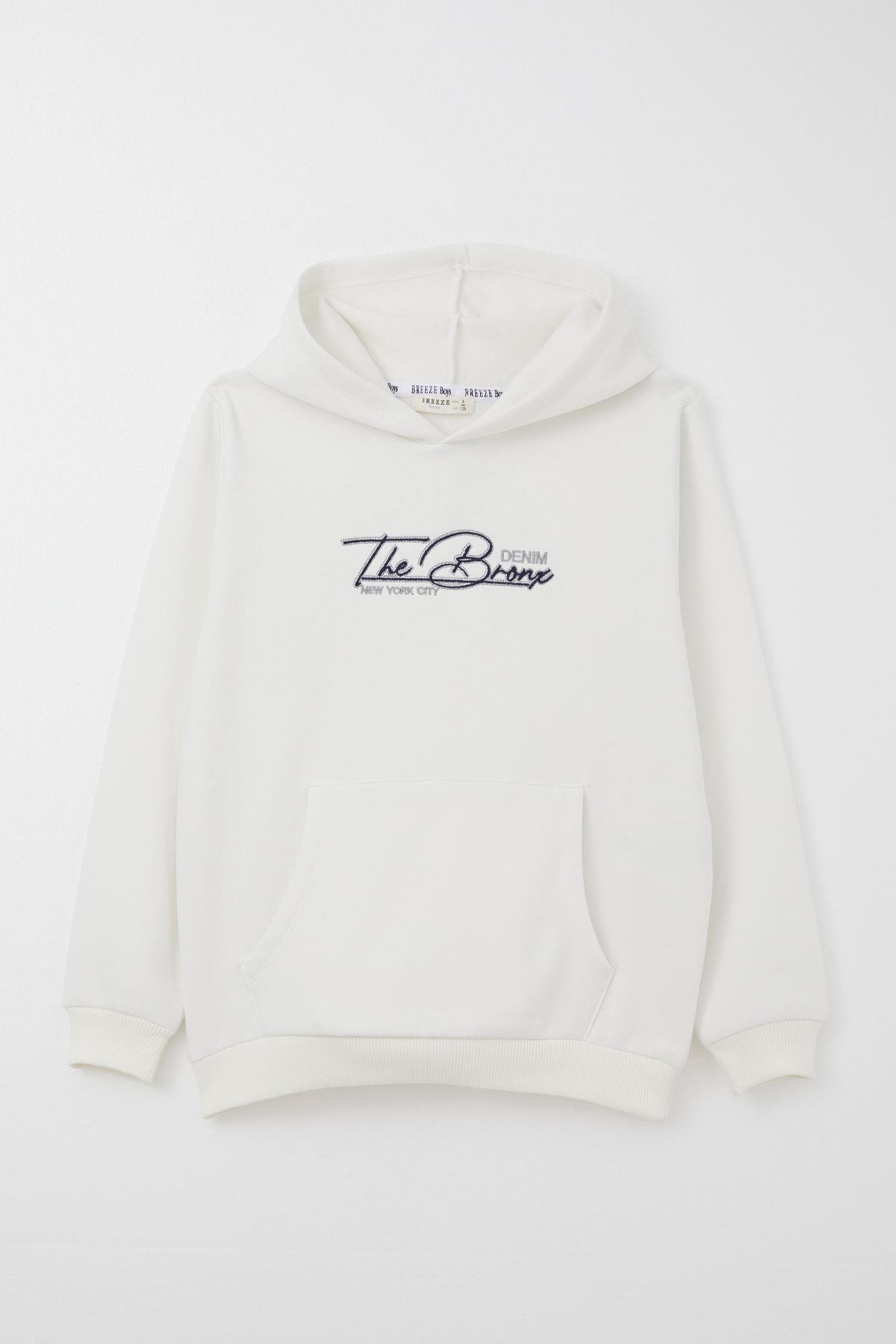 Breeze Erkek Çocuk Sweatshirt Yazı Nakışlı Kanguru Cepli Ekru (4-8 Yaş)