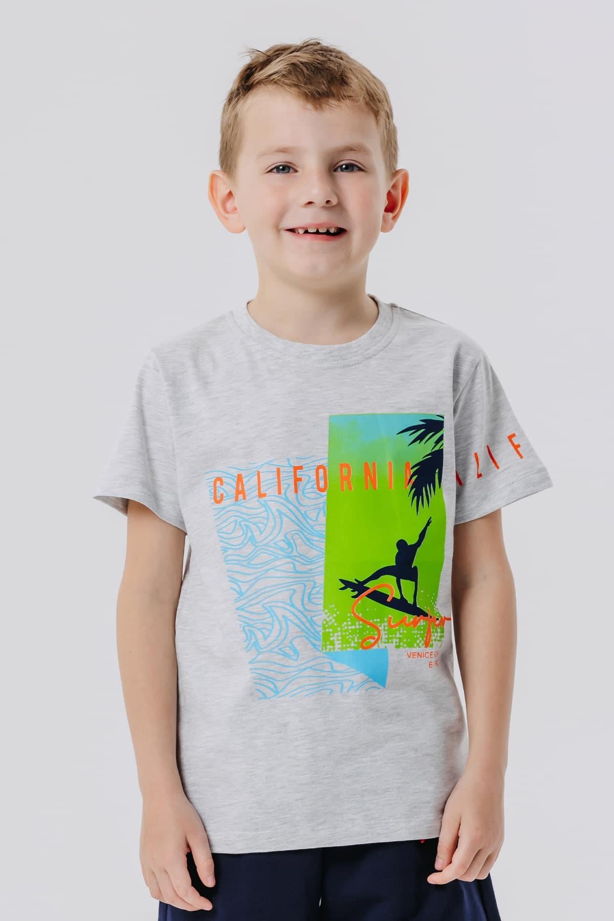Breeze Erkek Çocuk Tatil Temalı Sörfçü Baskılı Açık Gri Melanj (6-12 Yaş)