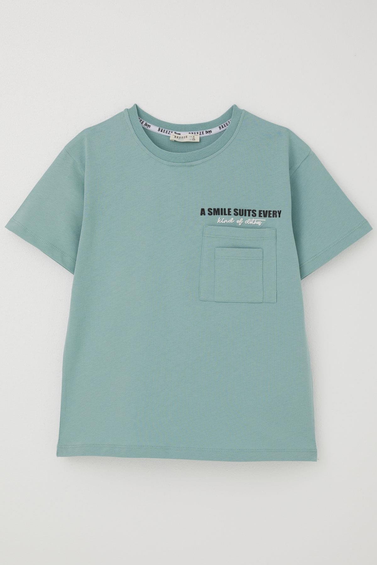 Breeze Erkek Çocuk Tişört Çift Cep Detaylı Kabartma Yazı Baskılı Su Yeşili (6-12 Yaş)