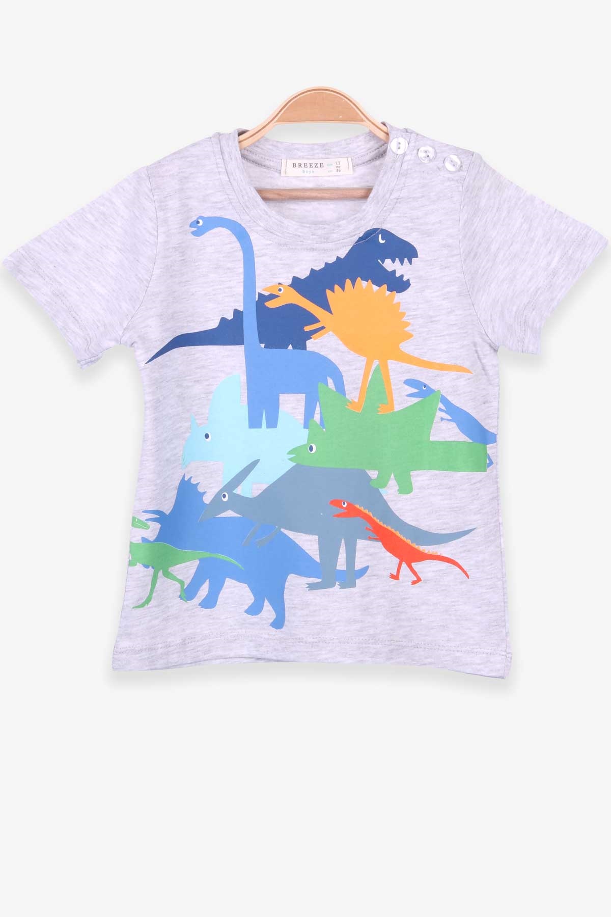 Breeze Erkek Çocuk Tişört Dinozor Baskılı Açık Gri Melanj (1.5-5 Yaş)
