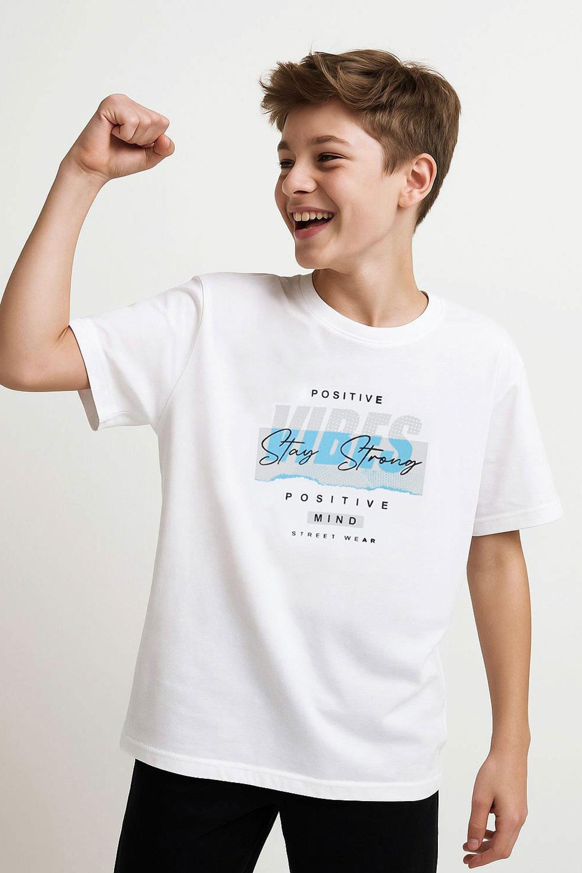 Breeze Erkek Çocuk Tişört Motivasyon Temalı & Sırt Kısmı Yazı Baskı Detaylı Beyaz (9-16 Yaş)