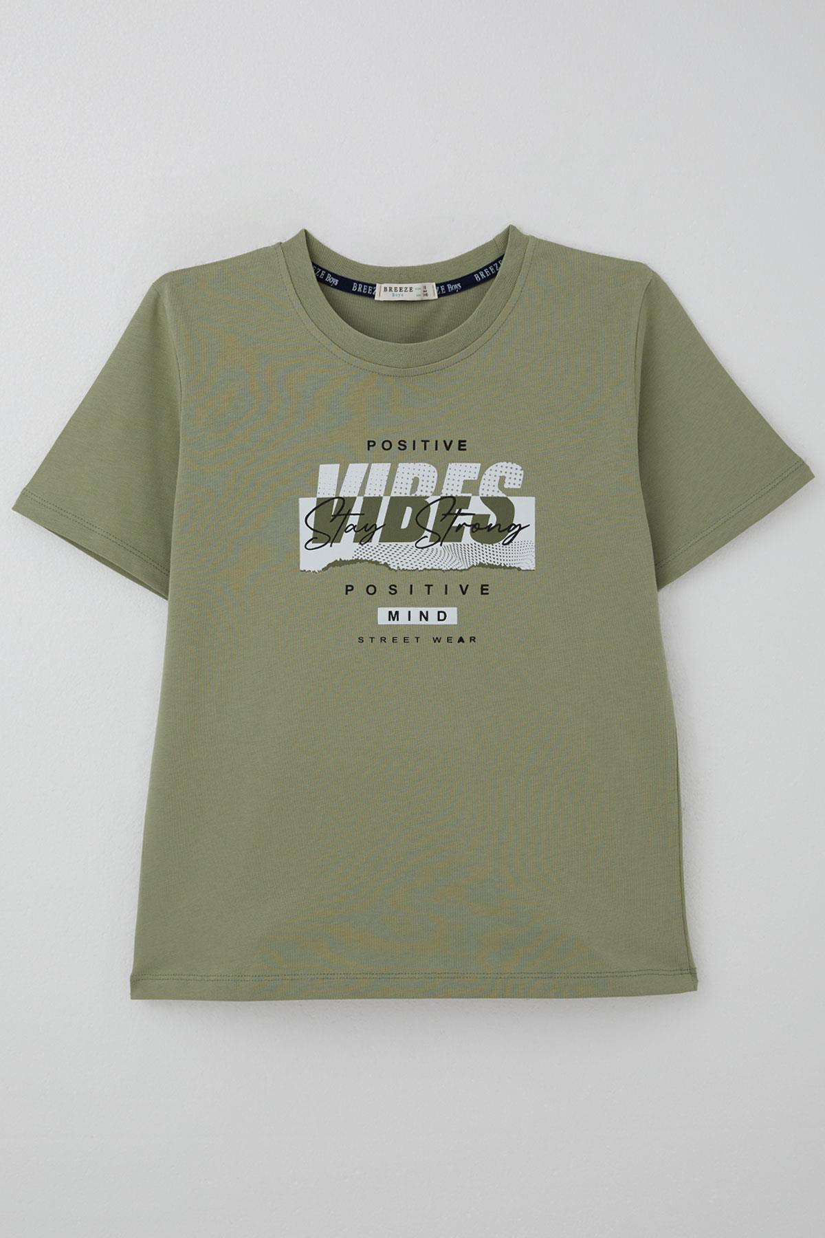 Breeze Erkek Çocuk Tişört Motivasyon Temalı & Sırt Kısmı Yazı Baskı Detaylı Haki Yeşil (9-16 Yaş)