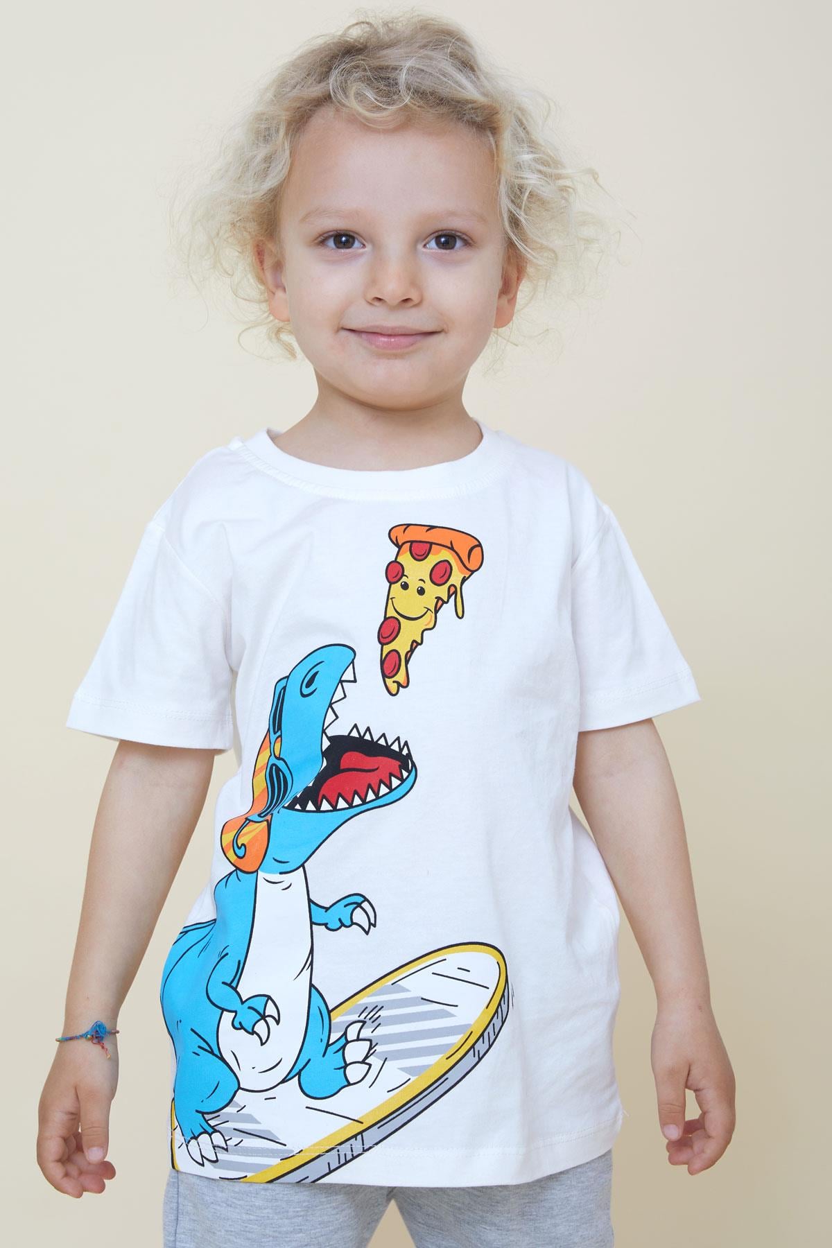 Breeze Erkek Çocuk Tişört Pizza Yiyen Mutlu Dinozor Baskılı Ekru (2-6 Yaş)