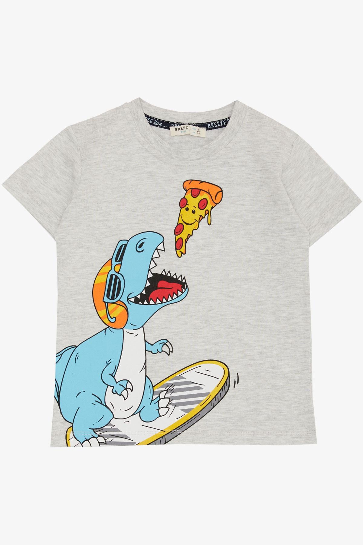 Breeze Erkek Çocuk Tişört Pizza Yiyen Mutlu Dinozor Baskılı Açık Gri Melanj (2-6 Yaş)
