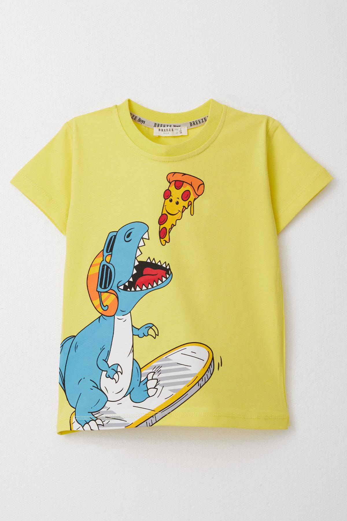 Breeze Erkek Çocuk Tişört Pizza Yiyen Mutlu Dinozor Baskılı Sarı (2-5 Yaş)