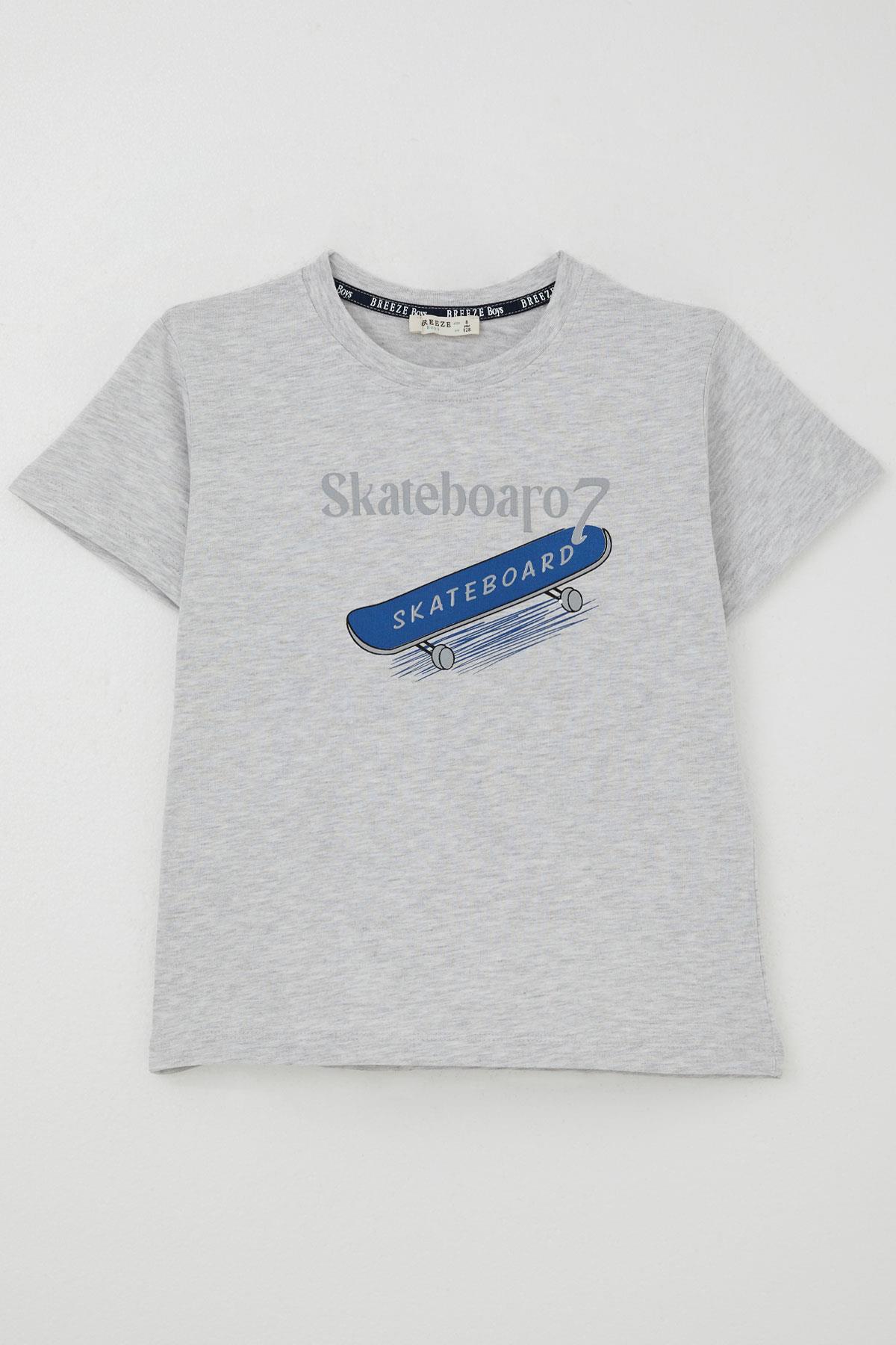 Breeze Erkek Çocuk Tişört Skateboard Baskılı Açık Gri Melanj (8-12 Yaş)