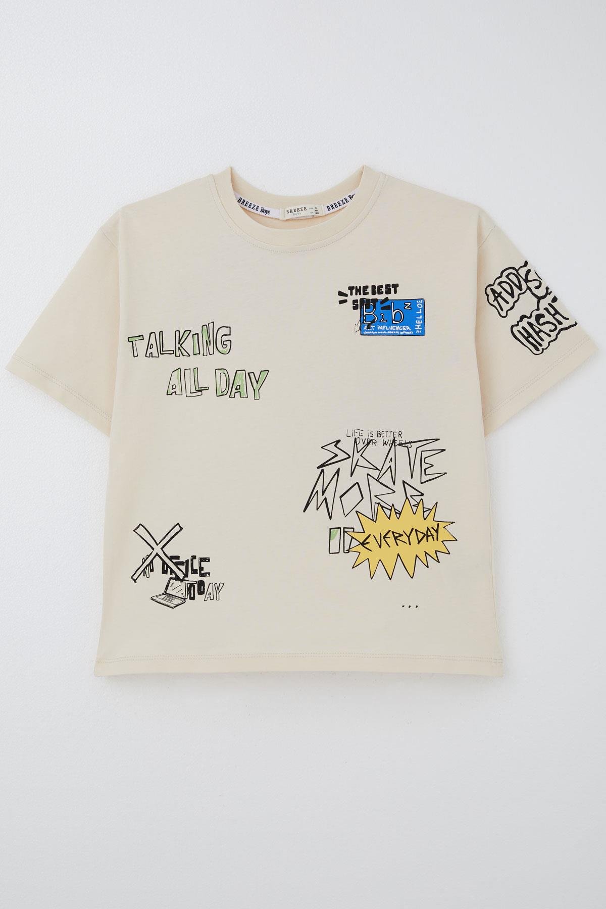 Breeze Erkek Çocuk Tişört Teknoloji Temalı Yazı Baskılı Krem (7-12 Yaş)