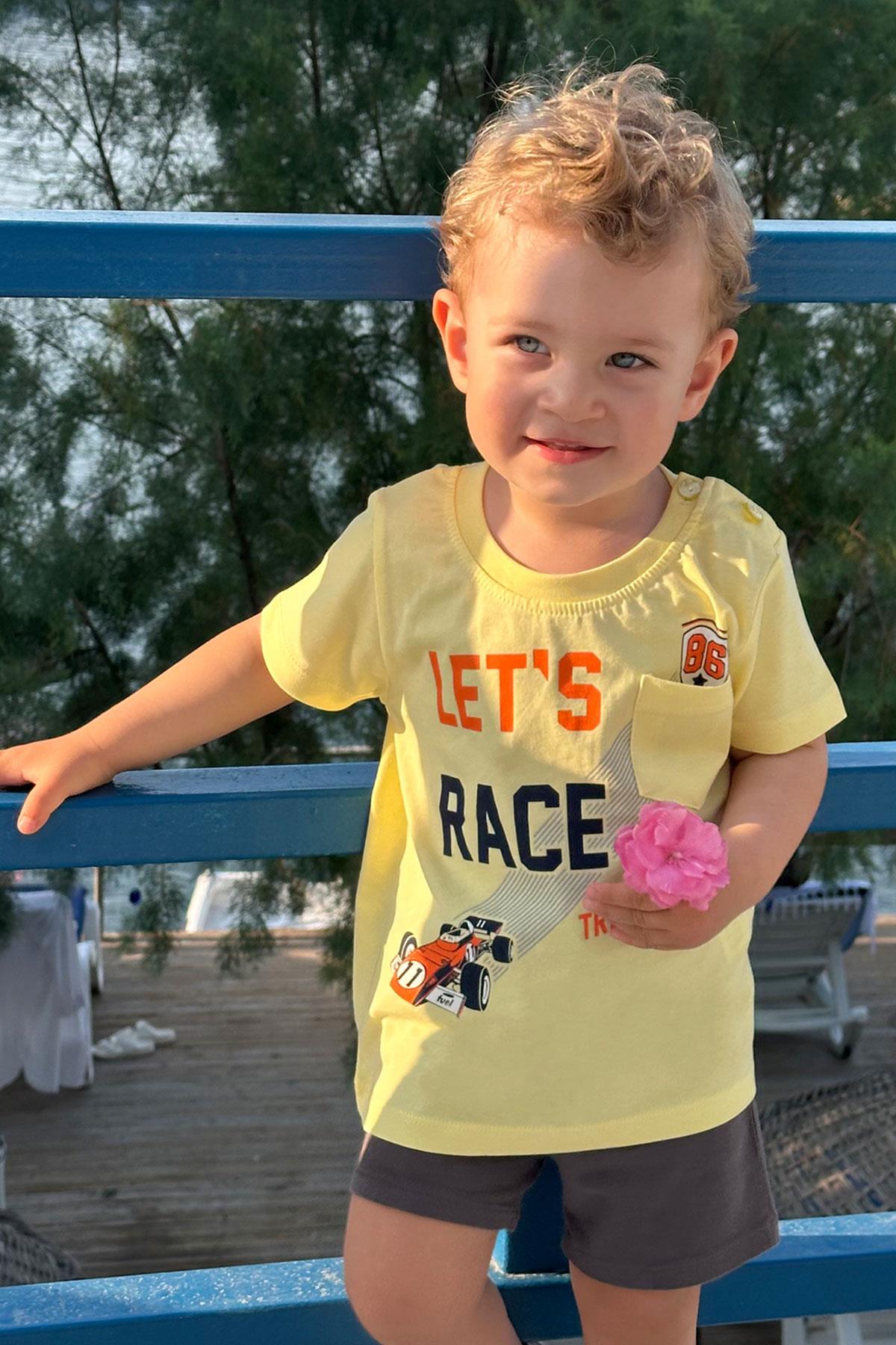 Breeze Erkek Çocuk Tişört Yarış Temalı Yazı Baskılı Cepli Sarı (2-6 Yaş)