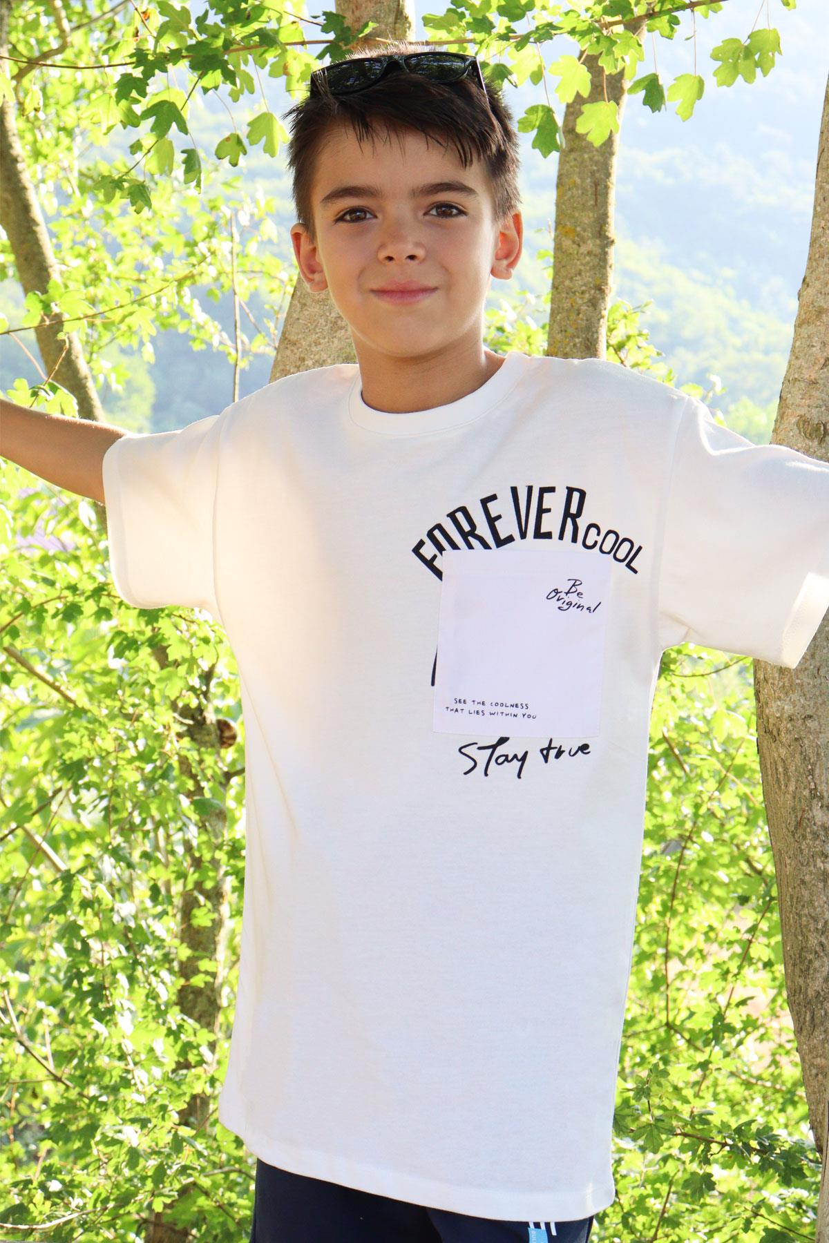 Breeze Erkek Çocuk Tişört Yazı Bakılı Cepli Ekru (9-14 Yaş)