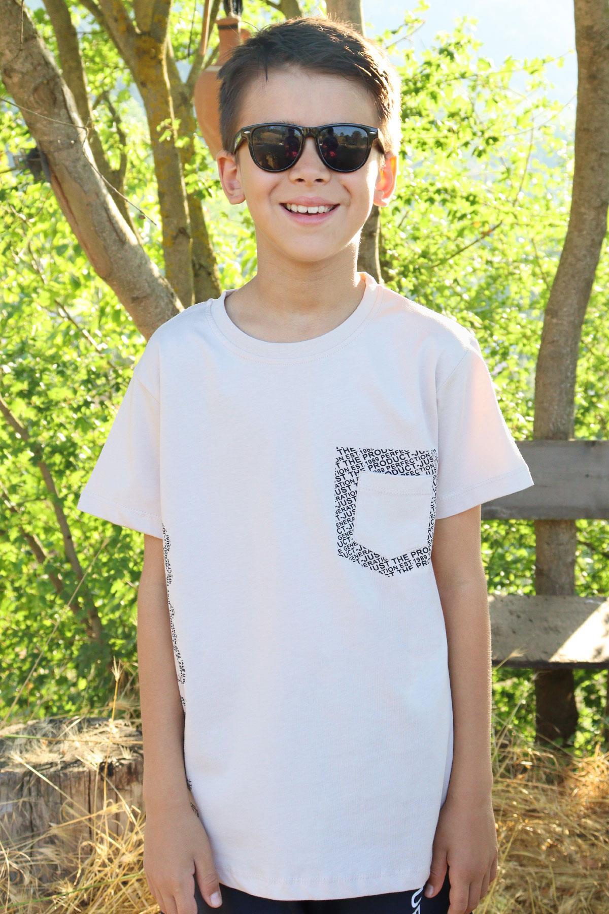 Breeze Erkek Çocuk Tişört Yazı Baskılı Cepli Bej (8-12 Yaş)