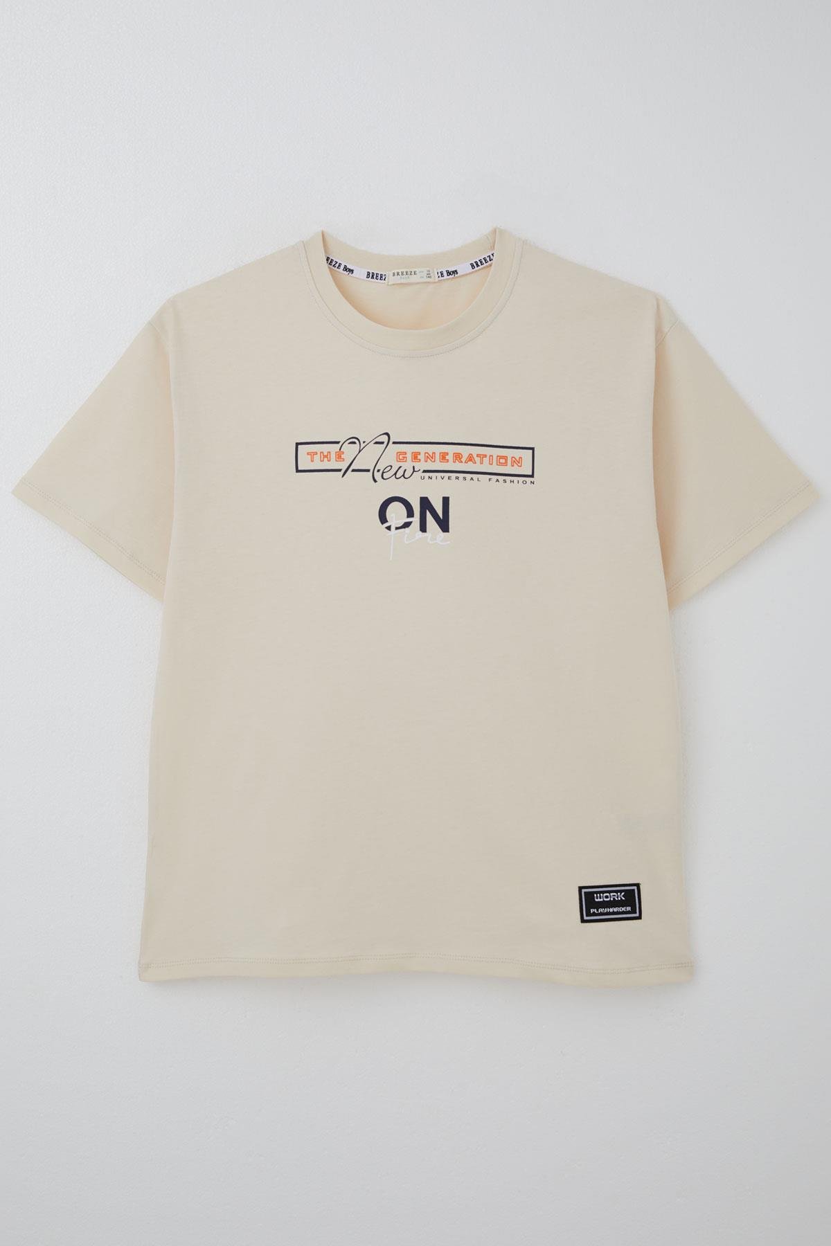 Breeze Erkek Çocuk Tişört Yazı Baskılı Arma Detaylı Krem (9-14 Yaş)
