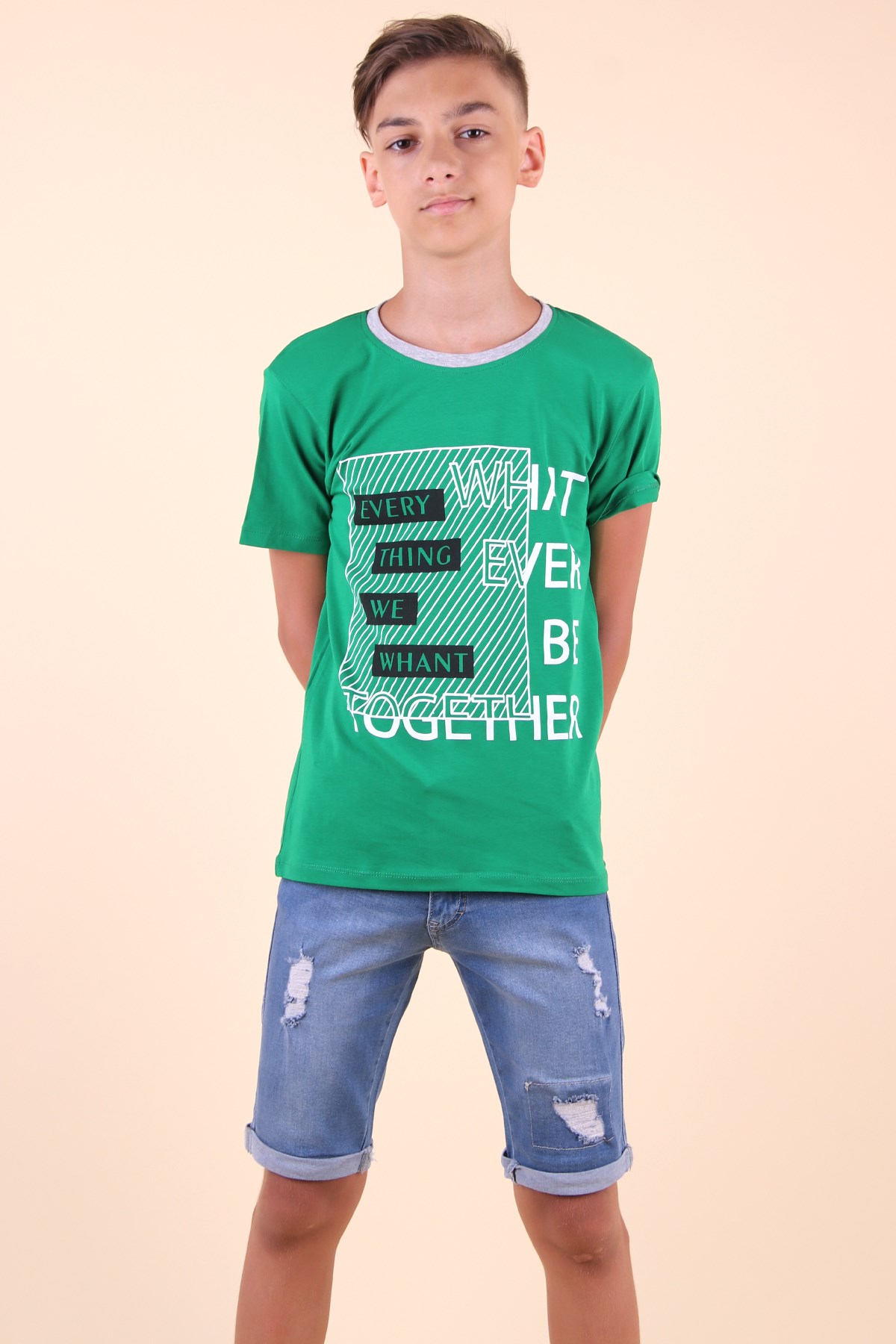 Breeze Erkek Çocuk Tişört Yazı Baskılı Yeşil (8-14 Yaş)