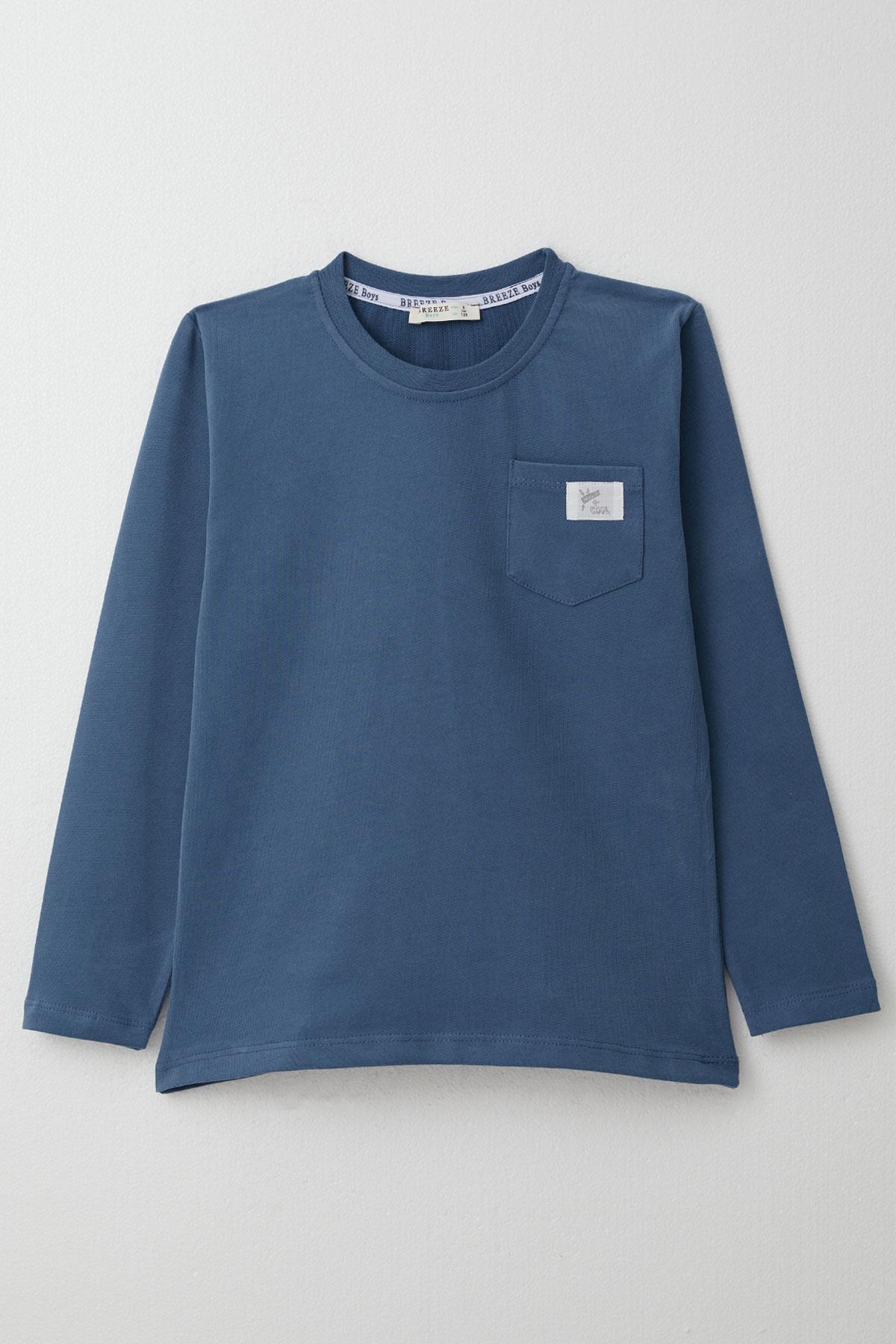 Breeze Erkek Çocuk Uzun Kollu Tişört Cool Yazı Armalı Cepli İndigo (4-8 Yaş)