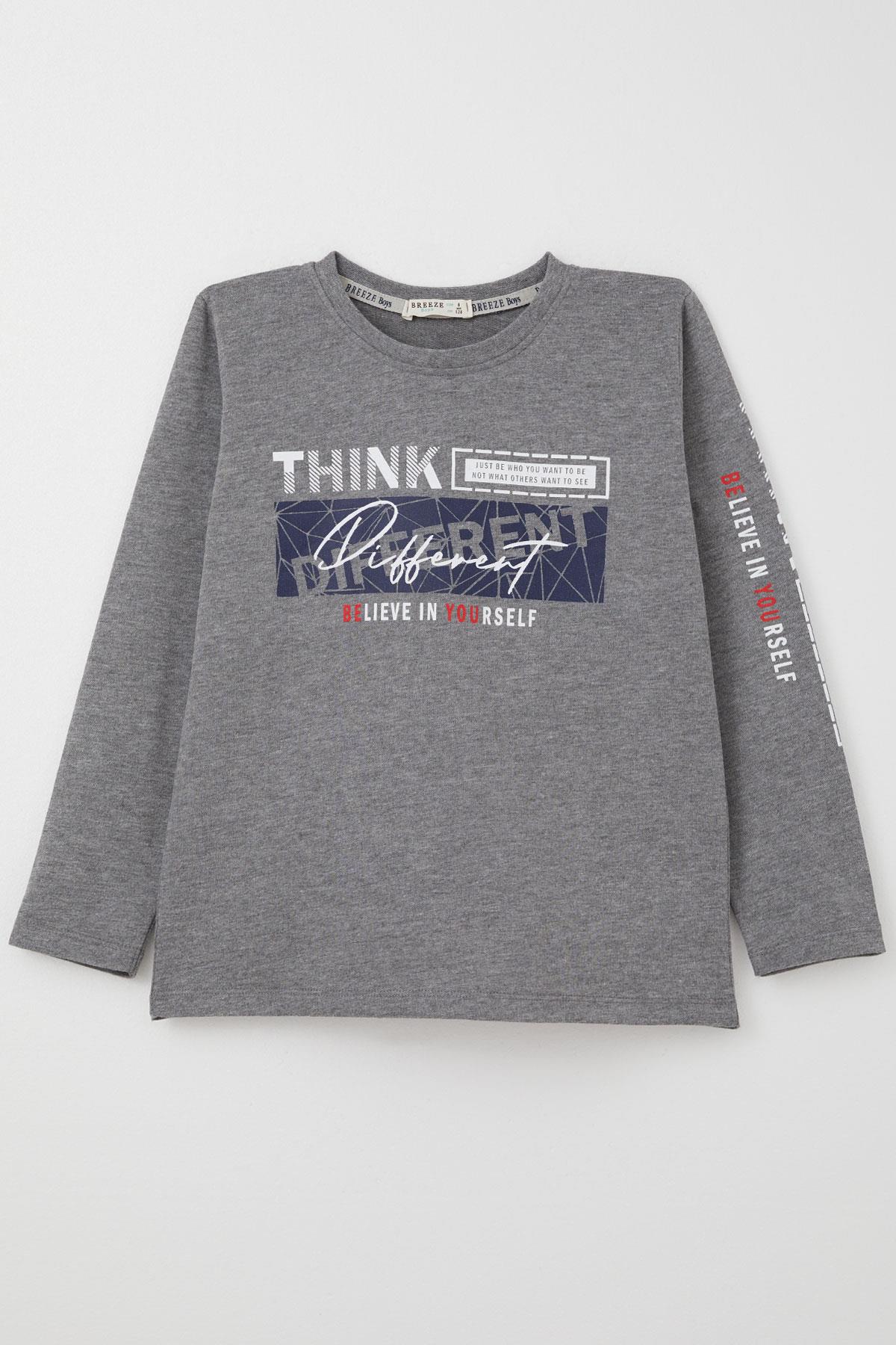 Breeze Erkek Çocuk Uzun Kollu Tişört Motivasyon Temalı Sırt Kısmı Baskılı Koyu Gri Melanj (6-12 Yaş)