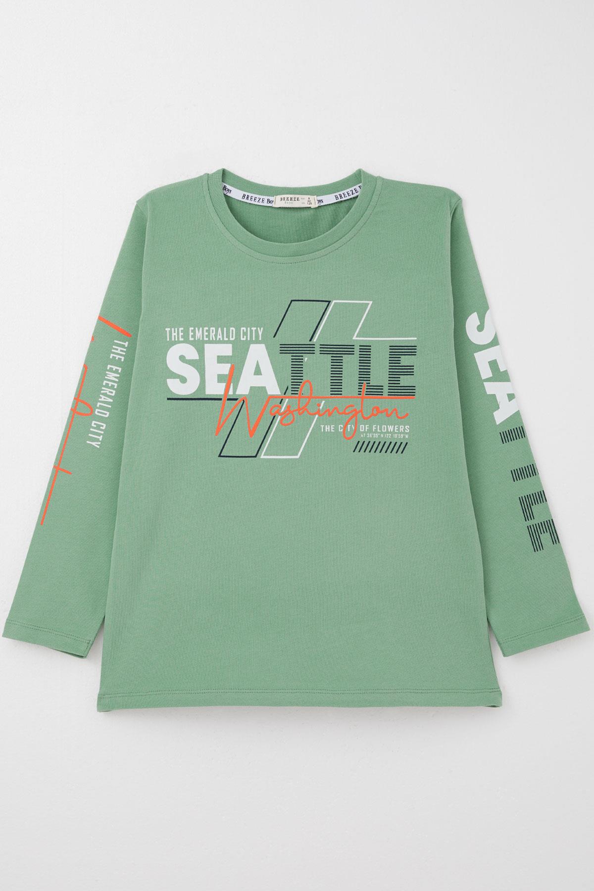Breeze Erkek Çocuk Uzun Kollu Tişört Renkli Yazı Baskılı Mint Yeşili (6-12 Yaş)