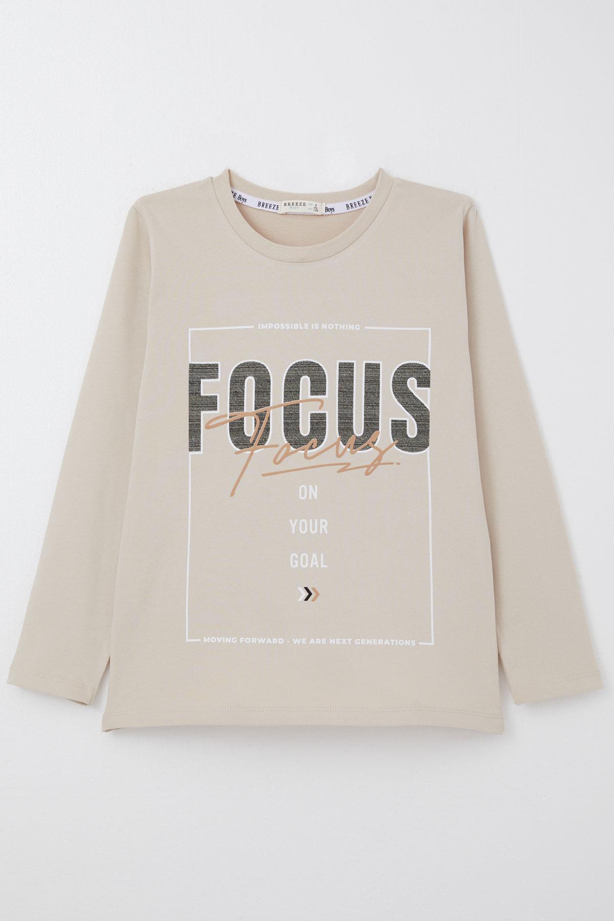 Breeze Erkek Çocuk Uzun Kollu Tişört Slogan Temalı Yazı Baskılı Bej (6-12 Yaş)