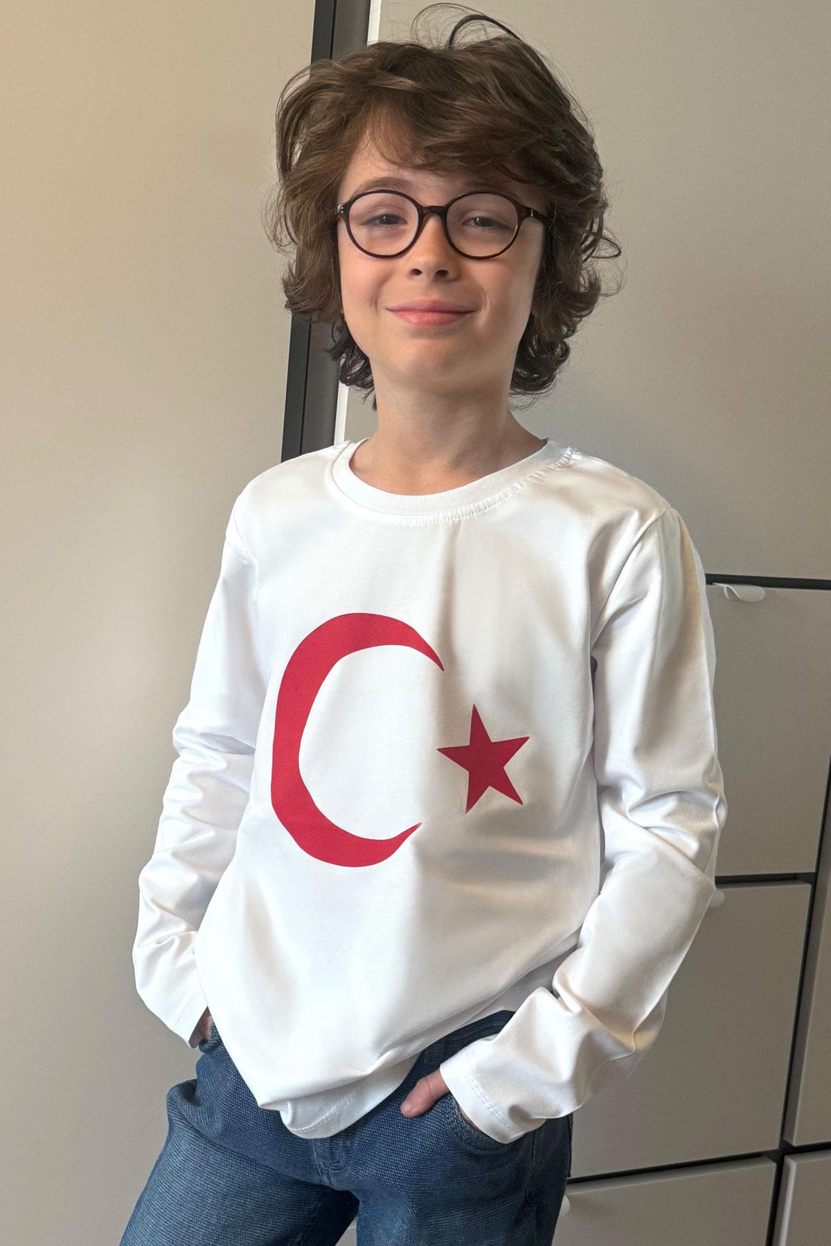 Breeze Erkek Çocuk Uzun Kollu Tişört Türk Bayraklı Beyaz (5-14 Yaş)