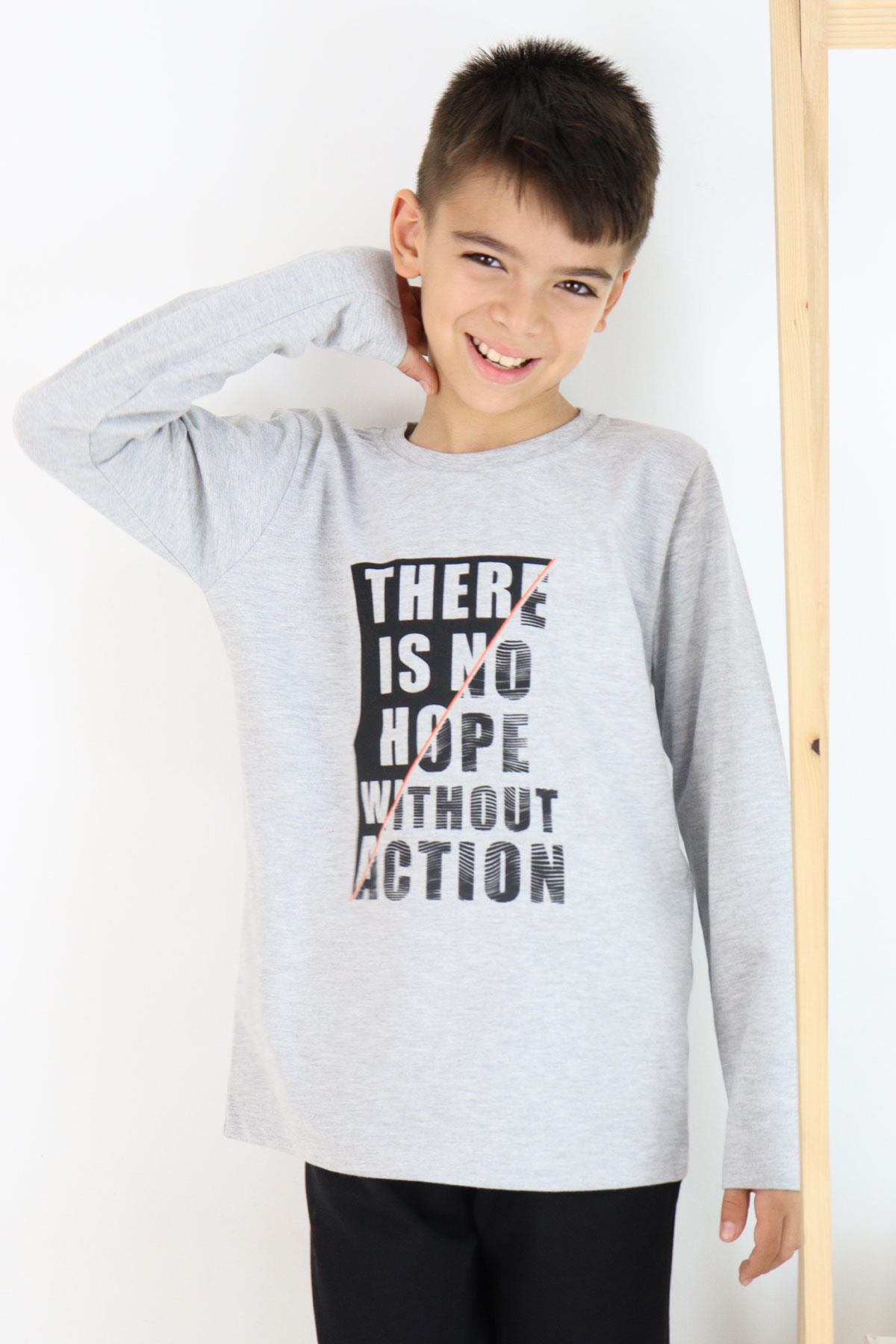Breeze Erkek Çocuk Uzun Kollu Tişört Yazı Baskılı Açık Gri Melanj (6-12 Yaş)
