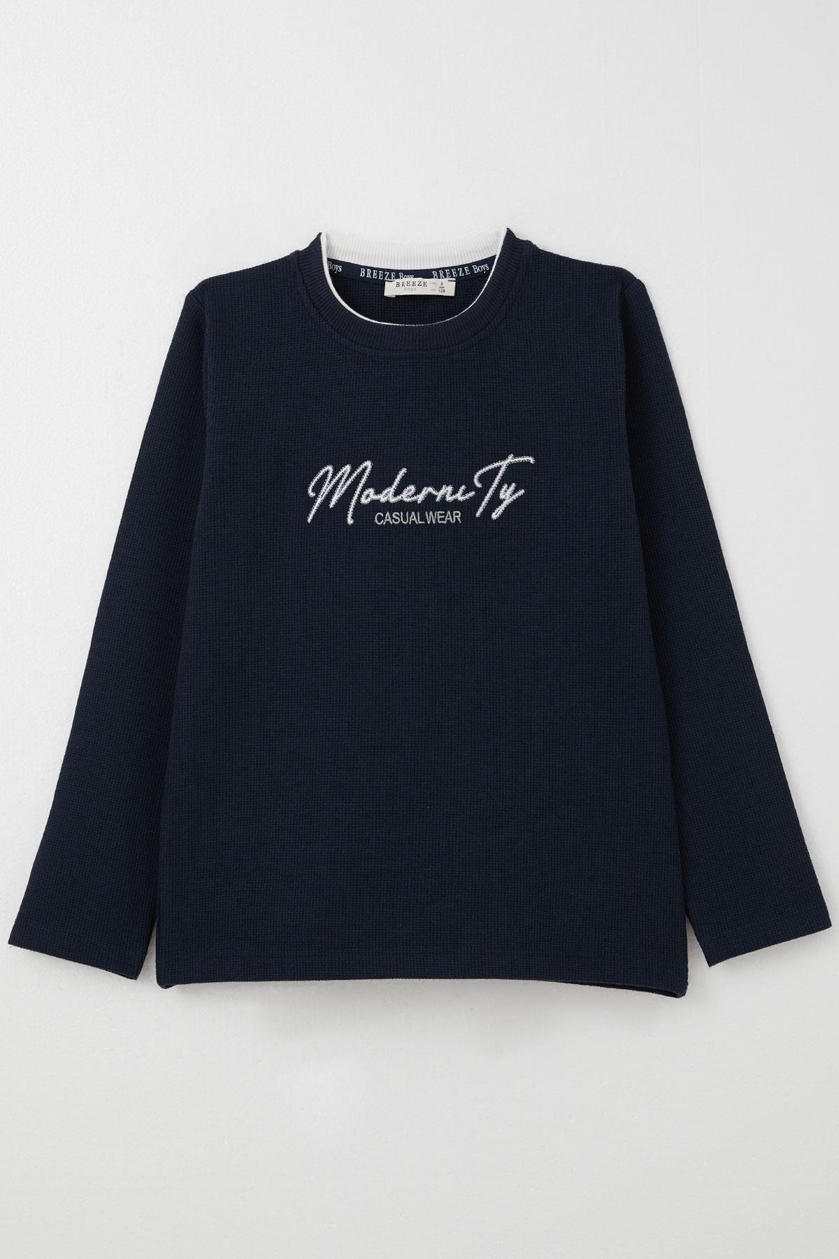 Breeze Erkek Çocuk Uzun Kollu Tişört Yazı Nakışlı Lacivert (8-14 Yaş)