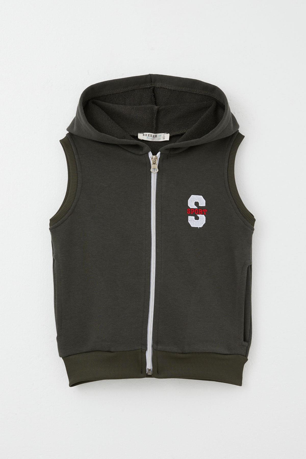 Breeze Erkek Çocuk Yelek Harf Nakışlı Fermuarlı Koyu Haki Yeşil (3-8 Yaş)