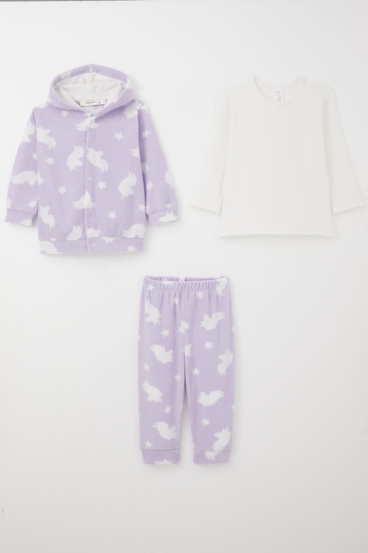 Breeze Kız Bebek Bodyli 3 lü Polar Takım Yıldız Desenli Lila (4 Ay-1 Yaş)