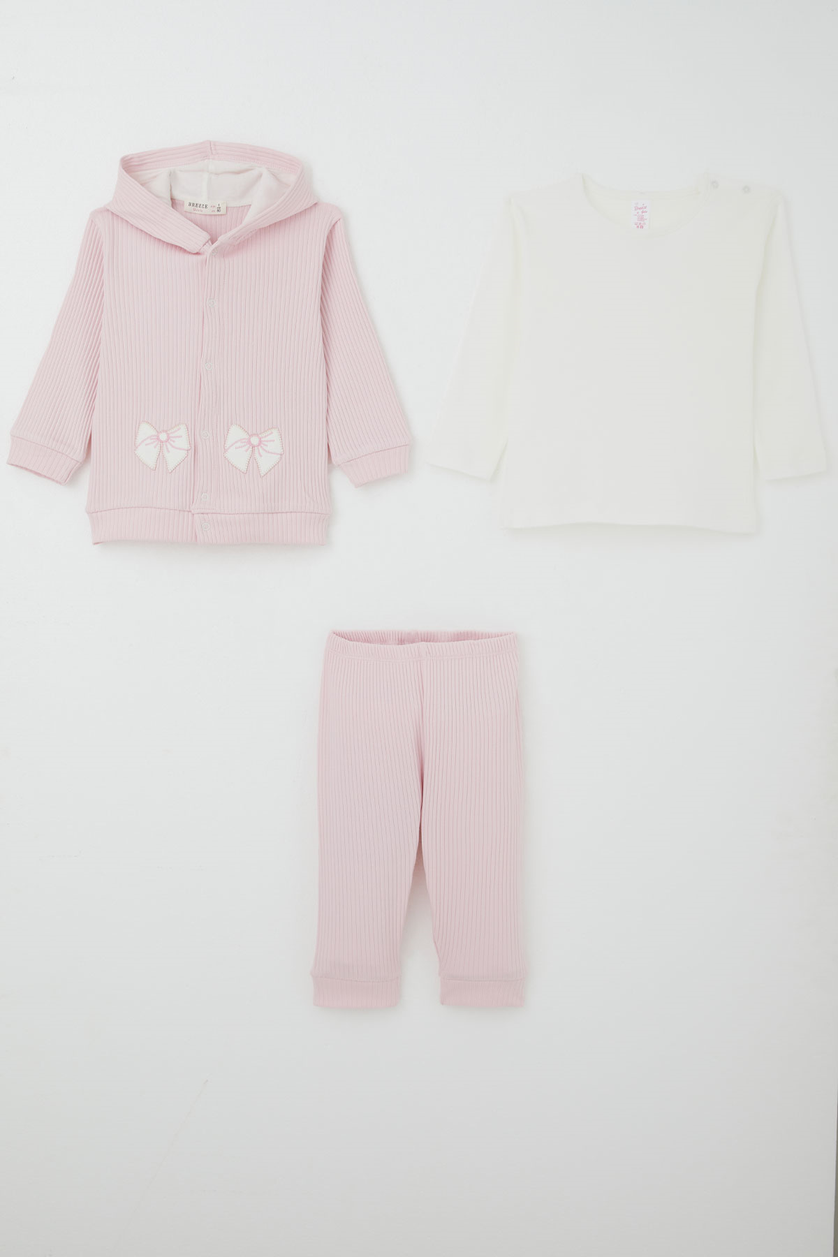 Breeze Kız Bebek Bodyli 3 lü Takım Fiyonk Arma Nakışlı Pembe (4 Ay-1 Yaş)