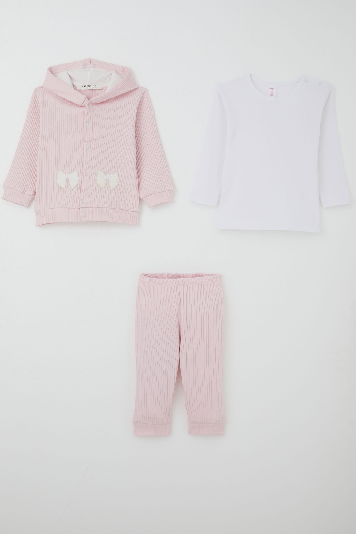 Breeze Kız Bebek Bodyli 3 lü Takım Fiyonk Arma Nakışlı Pembe (4 Ay-1 Yaş)