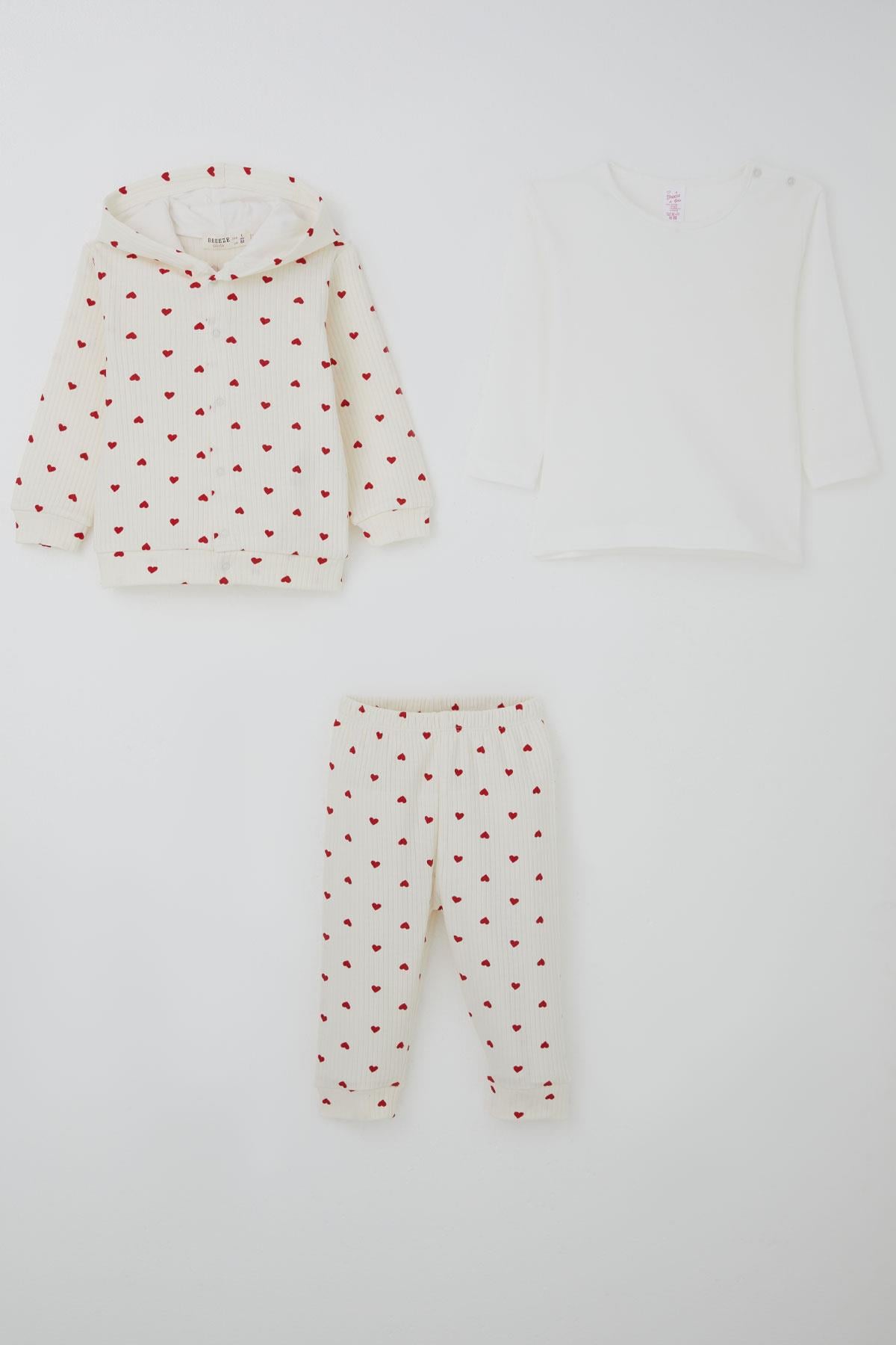 Breeze Kız Bebek Bodyli 3 lü Takım Kalp Desenli Önden Çıtçıtlı Krem (4 Ay-1 Yaş)