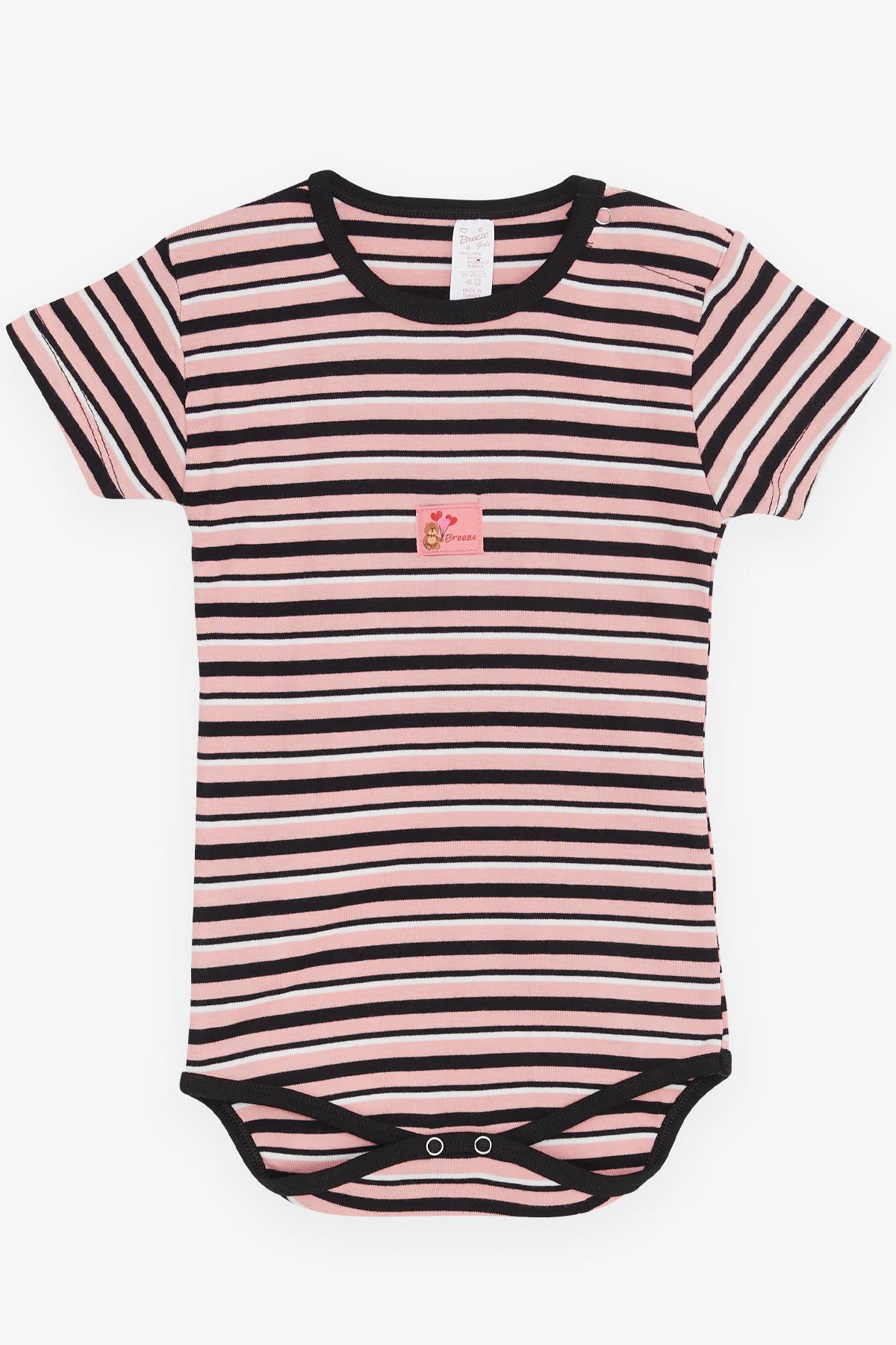 Breeze Kız Bebek Çıtçıtlı Zıbın Body Çizgili Sevimli Ayıcık Baskılı Pembe (9 Ay-3 Yaş)