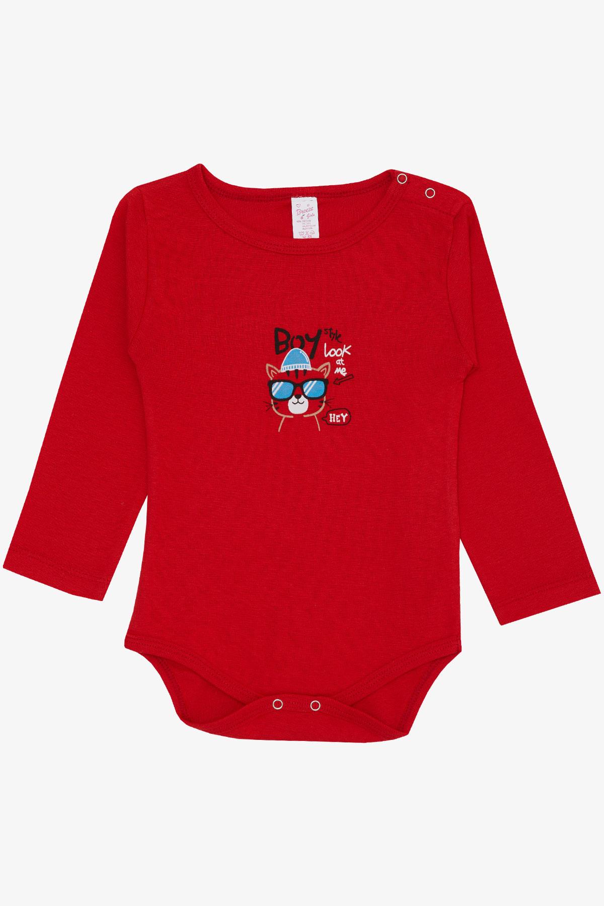 Breeze Kız Bebek Çıtçıtlı Zıbın Body Gözlüklü Kedicik Baskılı Kırmızı (9 Ay-3 Yaş)