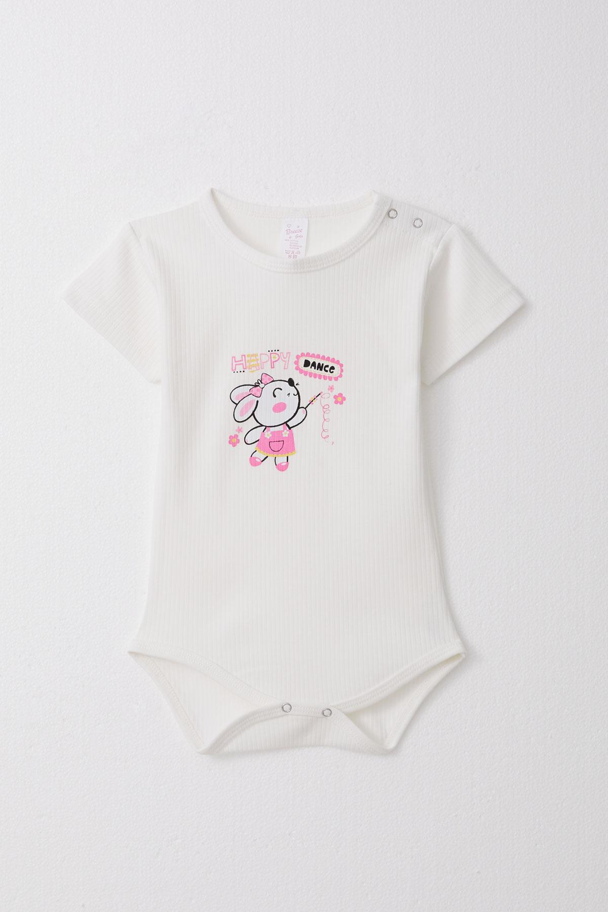 Breeze Kız Bebek Çıtçıtlı Zıbın Body Mutlu Tavşancık Baskılı Çiçekli Beyaz (9 Ay-3 Yaş)