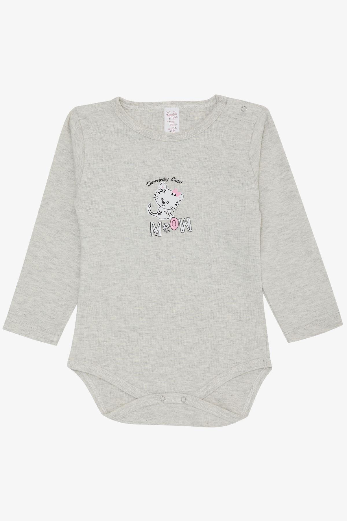 Breeze Kız Bebek Çıtçıtlı Zıbın Body Sevimli Bebek Kedicik Baskılı Açık Gri Melanj (9 Ay-3 Yaş)