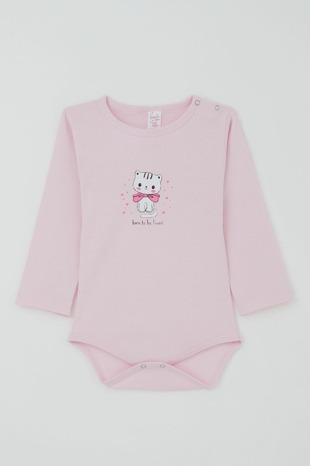 Breeze Kız Bebek Çıtçıtlı Zıbın Body Sevgi Temalı Kedicik Baskılı Pembe (9 Ay-3 Yaş)