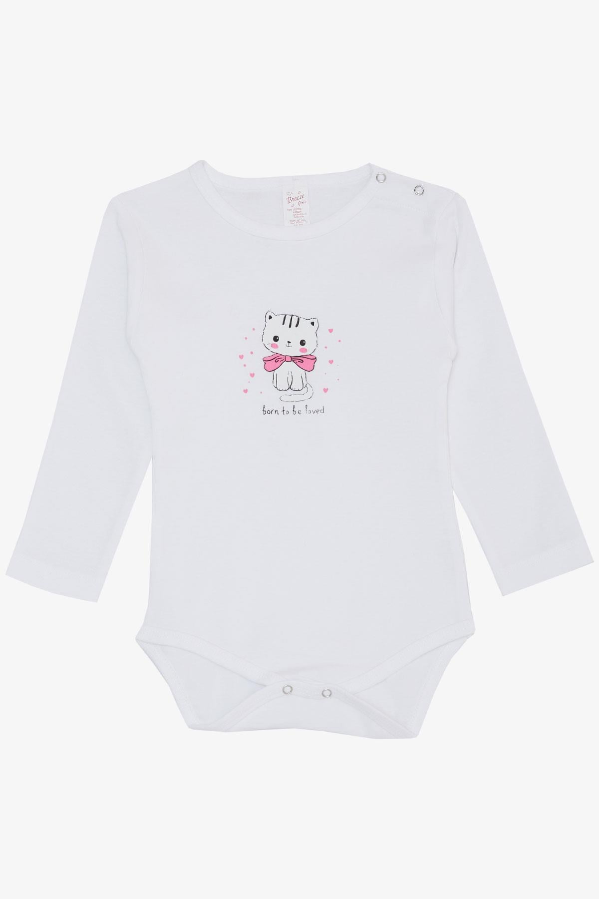 Breeze Kız Bebek Çıtçıtlı Zıbın Body Sevgi Temalı Kedicik Baskılı Beyaz (9 Ay-3 Yaş)