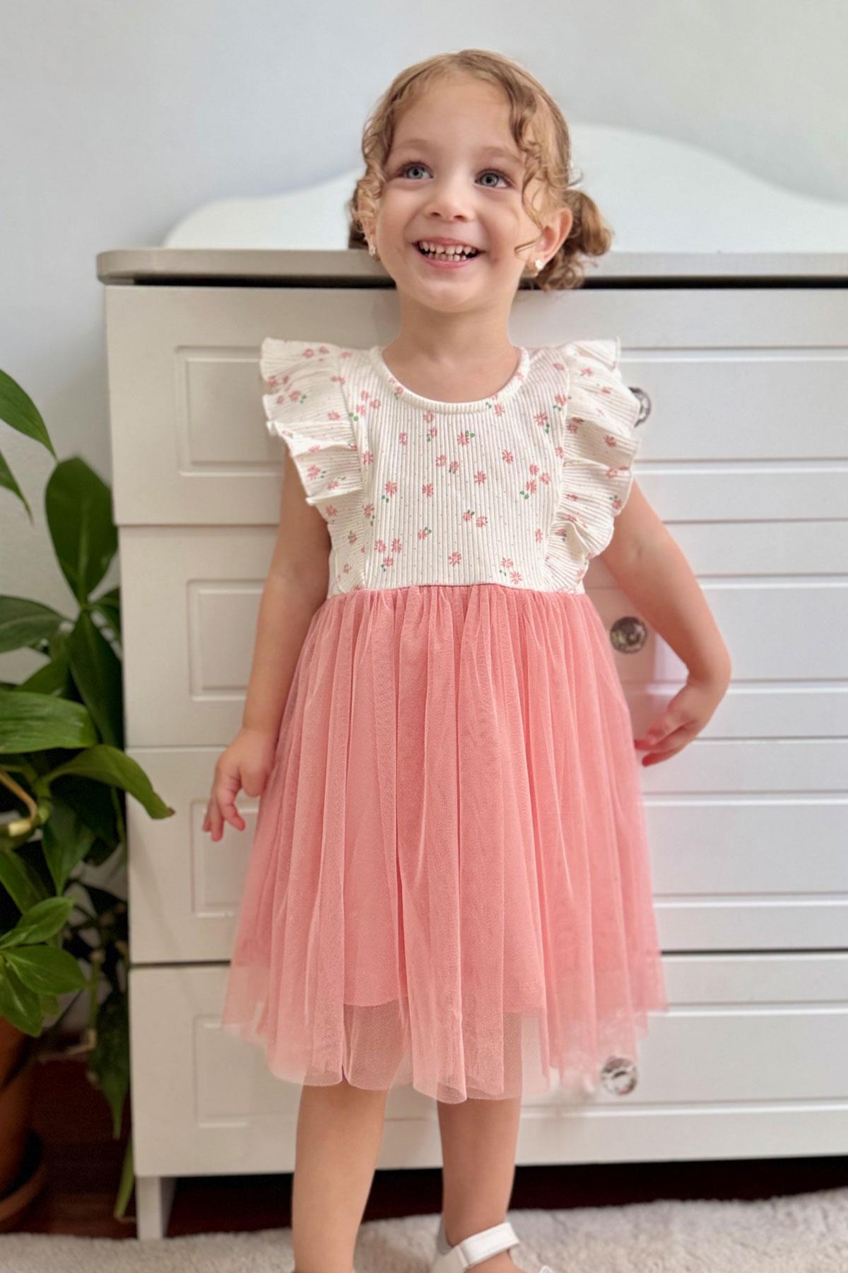 Breeze Kız Bebek Elbise Çiçekli Tüllü Fırfırlı Ekru (9 Ay-3 Yaş)