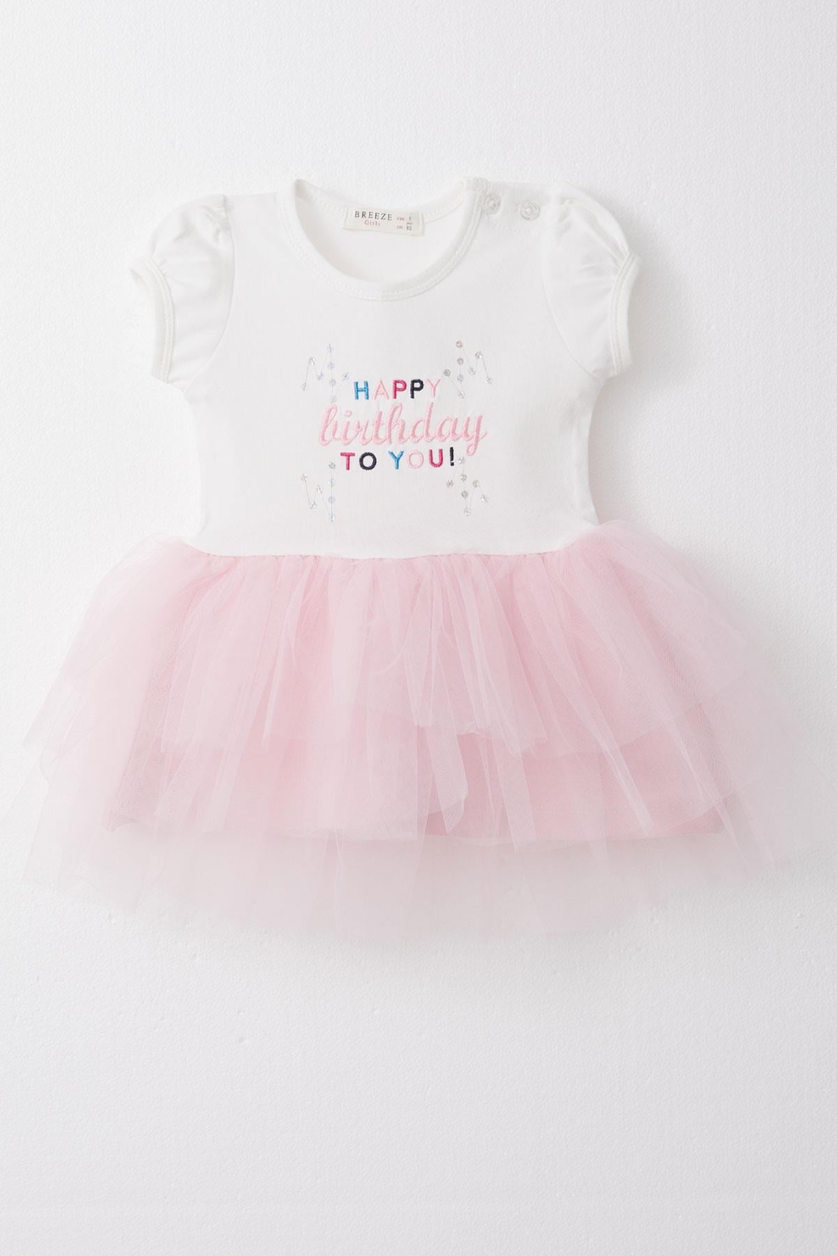 Breeze Kız Bebek Elbise Doğum Günü Temalı Yazı Nakışlı Beyaz (6 Ay-2 Yaş)