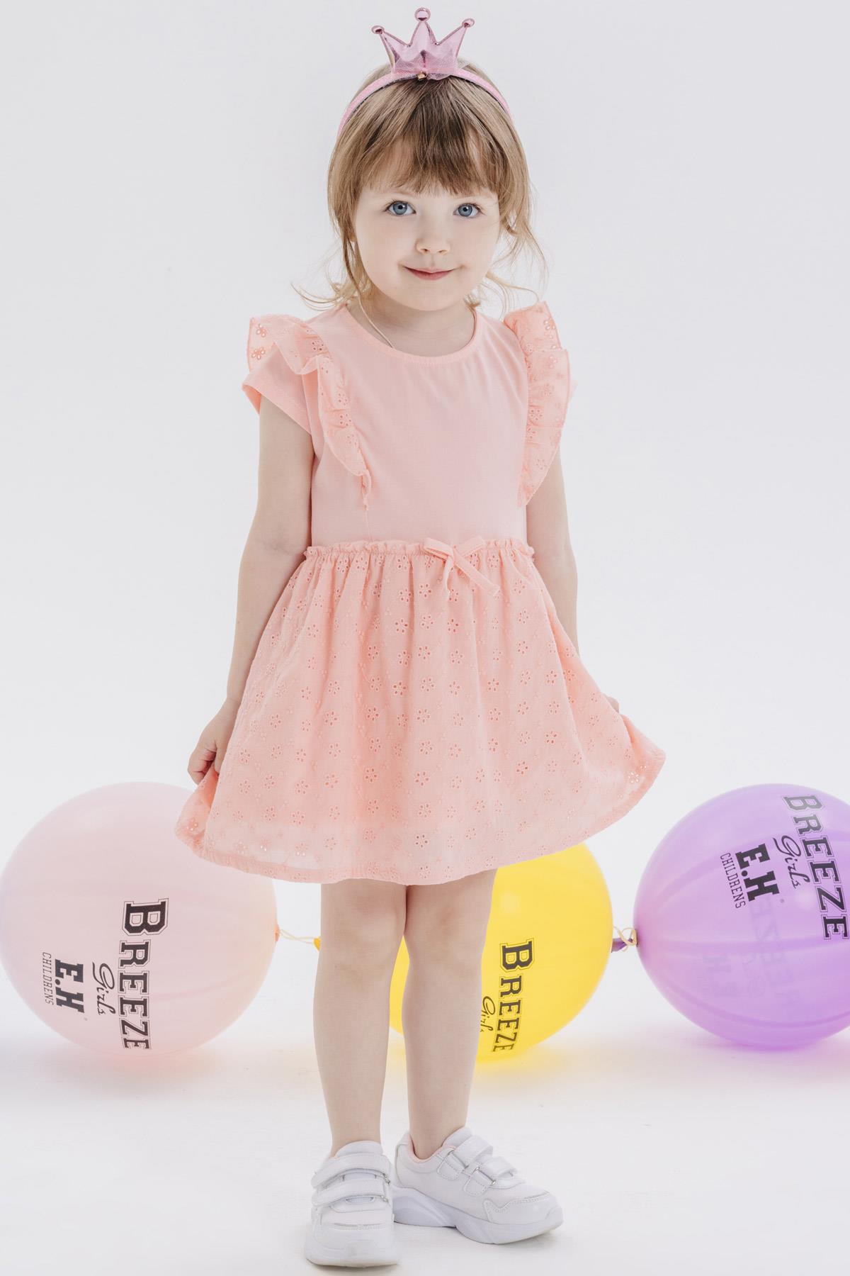 Kız Bebek Elbise Fiyonklu Nakış Güpürlü Somon 9 Ay-3 Yaş - Şirin Yazlık  Elbise Modeller | Breeze