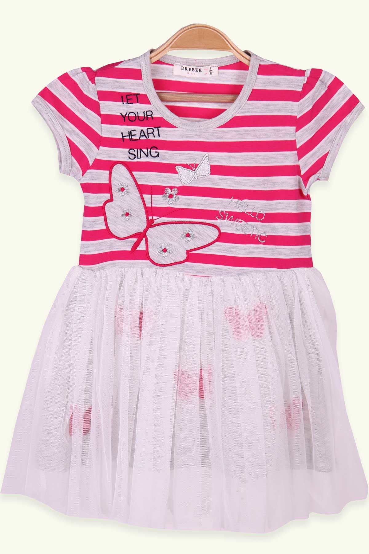 Breeze Kız Bebek Elbise Kelebekli Tüllü Fuşya-Ekru (2 Yaş)