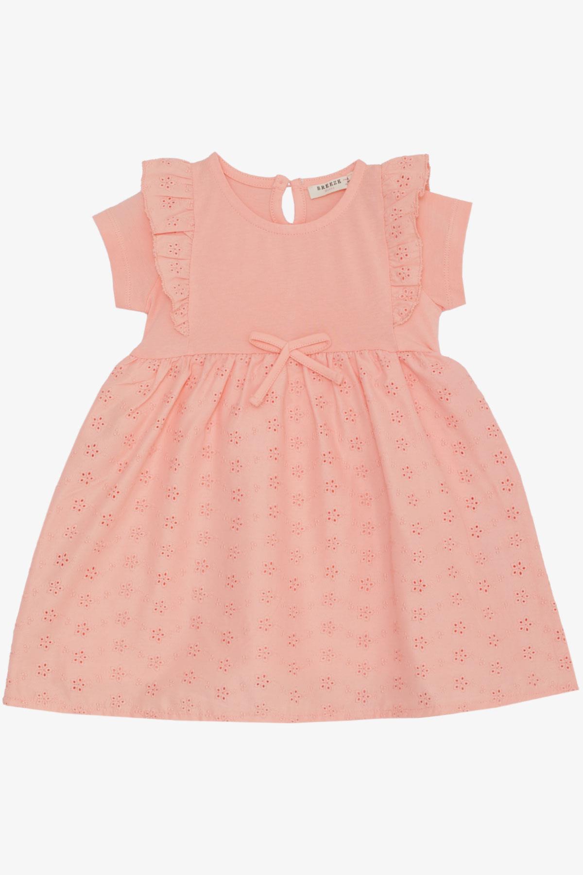 Breeze Kız Bebek Elbise Omuzu Fırfırlı Fiyonklu Çiçek Nakışlı Somon (9 Ay-3 Yaş)